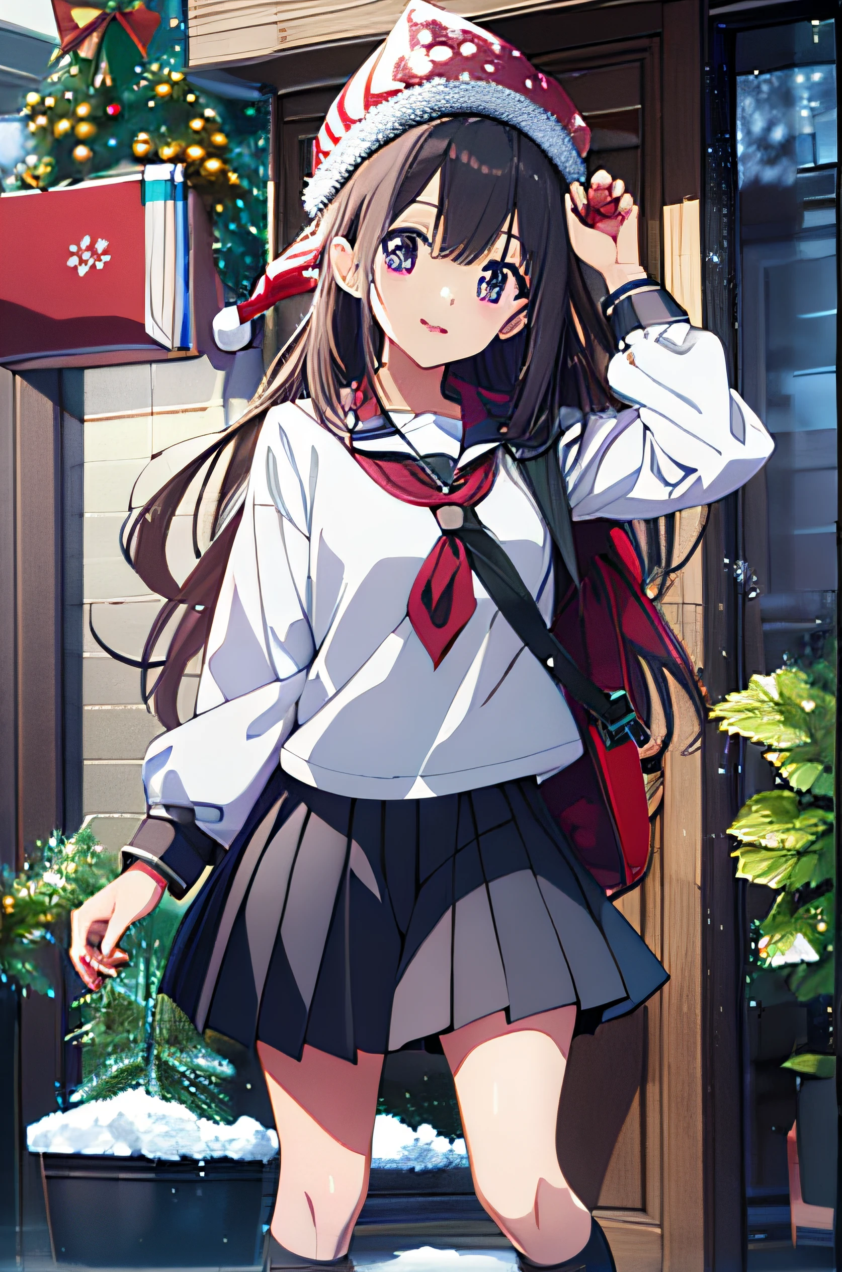 Anime girl in uniform walking down the street, official artwork, Anime visuals of cute girls, anime moe art style, Kantai Collection Style, beautiful anime high school girl, 8K!!, Rin, 8K!, Seifuku, Cute anime girl, Official art, by Jin Homura, kancolle, Smooth Anime CG Art, 3 poses before and after　top-quality、Photorealsitic、8K picture quality、hight resolution、One Girl Unification、sixteen years old、Unification of hairstyles、skirt frills from、Half-taken clothes、Unbuttoned exposed breasts、Shot illustration in one illustration　3 Illustrations　Pause the image from the front　Posed image of underwear from directly below　3 poses where underwear can be seen through from the back　Three Poses Sexy Front Le　Underwear from low　Angle from diagonally down　trouser　Angle from below the front　　hugging own legs　Underwear is sheer