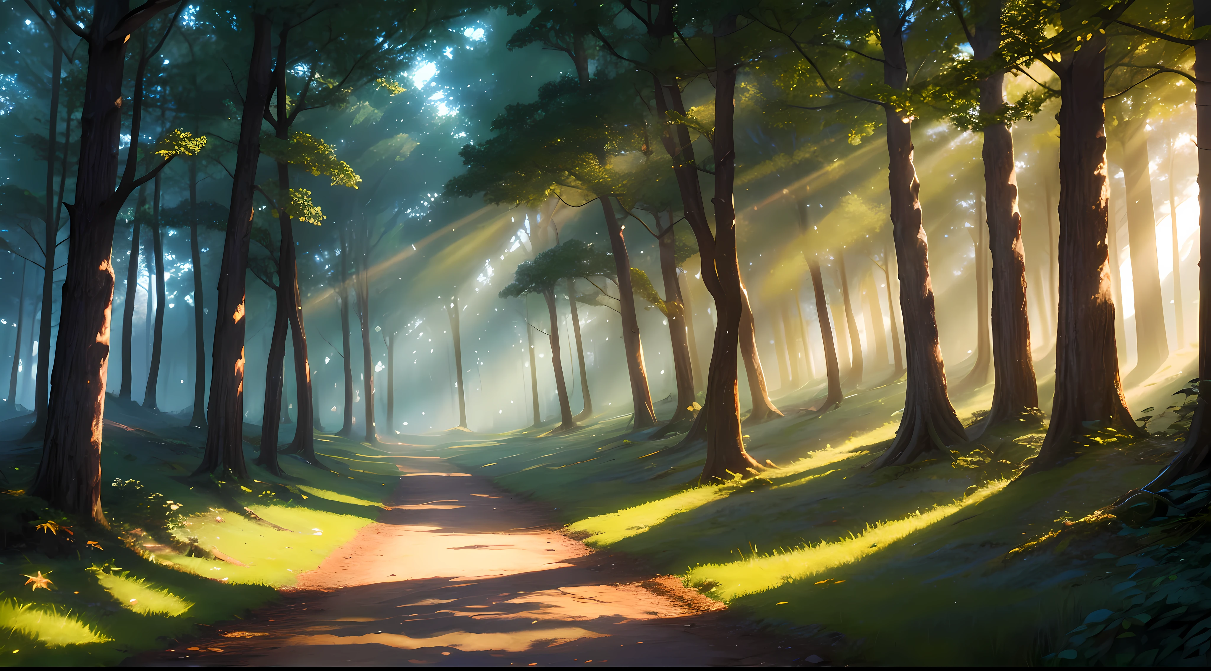 sunlight shining through the trees in a forest with a path, a digital painting inspired by Andreas Rocha, Artstation contest winner, fantasy art, fantasy forest landscape, glowing forest, magical forest, magical fantasy forest, fantasy forrest background, fantasy forest, magical forest backround, fantasy forest background, magical forest in the background, fantasy forest landscape at day, enchanted and magic forest, ((accurate shadows))