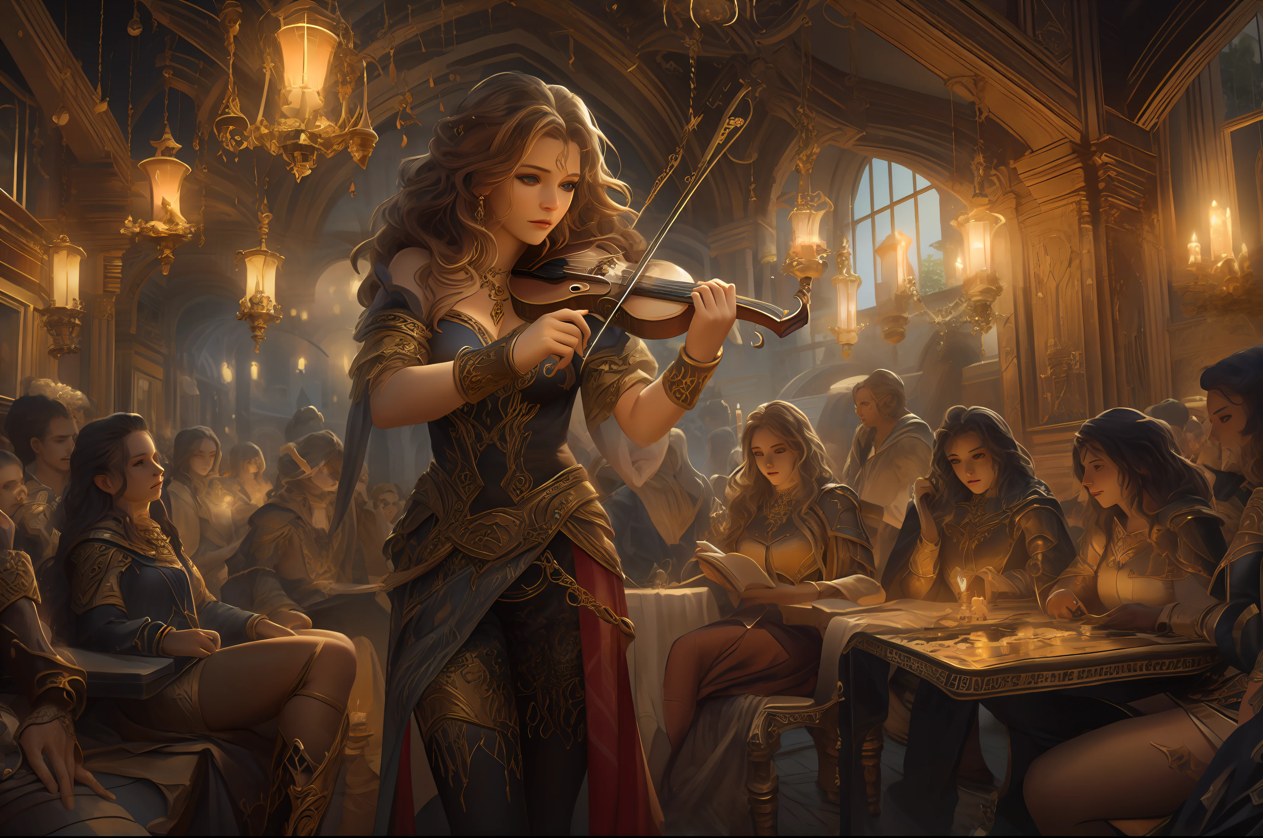 high details, best quality, 8k, [ultra detailed], masterpiece, best quality, (extremely detailed), dynamic angle, ultra wide shot, photorealistic (intricate details, Masterpiece, best quality: 1.5), fantasy art, dnd art, rpg art, realistic art, an ultra wide picture of bard playing the flute in fantasy setting tavern and enchanting the audience , full body, a human female (intense details, Masterpiece, best quality: 1.5) fantasy bard, fantasy enchanter,  playing a flute and enchanting people with magical song, colorful clothes, dynamic clothing, epic beautiful female bard (intense details, Masterpiece, best quality: 1.5), dynamic hair, long hair, wavy hair, tavern full of crowd, many people (intense details, Masterpiece, best quality: 1.5), bard playing flute and enchanting audience  (intense details, Masterpiece, best quality: 1.5), candles lights, fantasy chandelier, magical notes, magical sigils in the air  (intense details, Masterpiece, best quality: 1.5)