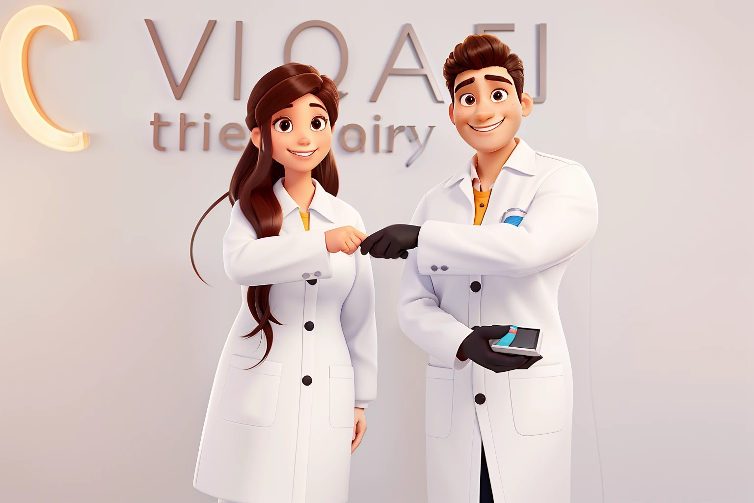 an adorable pair of dentists in a Pixar style, Working Together in a Dental Office. They should look friendly and professional, com sorrisos brilhantes, aventais limpos, and modern dental tools. Por favor, Preserve the facial features of the individuals in the uploaded image: Ela tem escuro, Cabelos lisos, pele clara, and are not wearing glasses, enquanto ele tem cabelos castanhos claros. Make sure the atmosphere is welcoming. This design should convey confidence and joy in the dental profession.