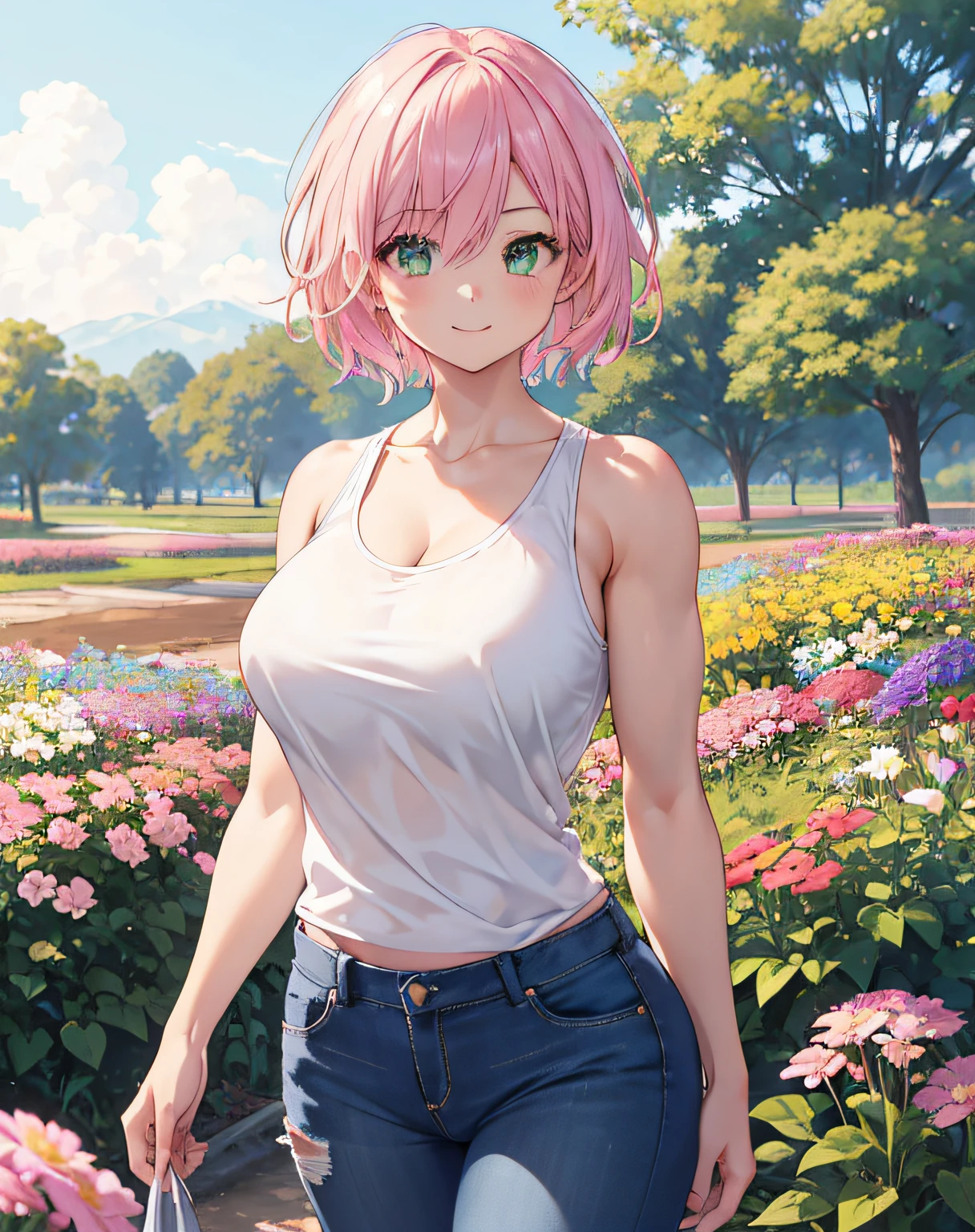 1 girl, solo, best quality, ultra detailed, (happy:1.4), pink hair, pink short hair, green eyes, tank top shirt, looking away, from front, portrait, buff, muscular arms, buff arms, standing, on a farm, flower garden, warm sunlight, blue jeans, large sized chest, large sized breast, large breasts