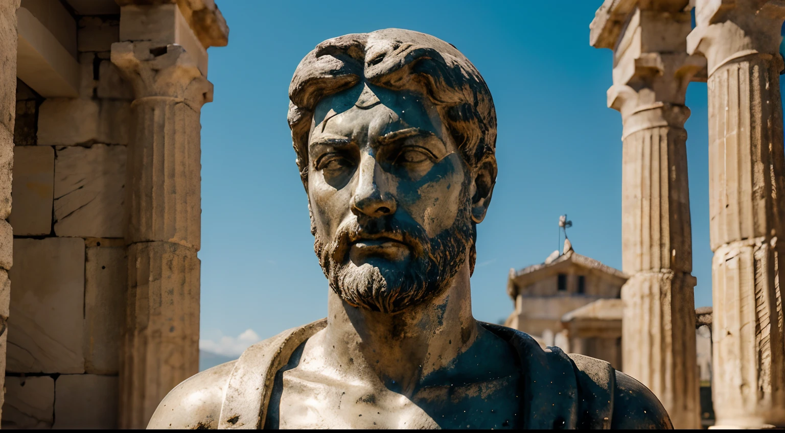 Ancient Stoic Statue With Very Angry Expression, tem barba, muitos detalhes em ambos os olhos, Outside, fundo atenas grego, open sky, com rosto extremamente detalhado full body view, Colors with low saturation with dark tone, Filmado em Sony A7S III com Sony FE 35mm f/1.8, 12.1 MP, --AR 3:2 --estilo cru