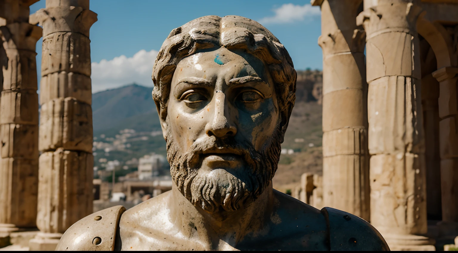 Ancient Stoic Statue With Very Angry Expression, tem barba, muitos detalhes em ambos os olhos, Outside, fundo atenas grego, open sky, com rosto extremamente detalhado full body view, Colors with low saturation with dark tone, Filmado em Sony A7S III com Sony FE 35mm f/1.8, 12.1 MP, --AR 3:2 --estilo cru