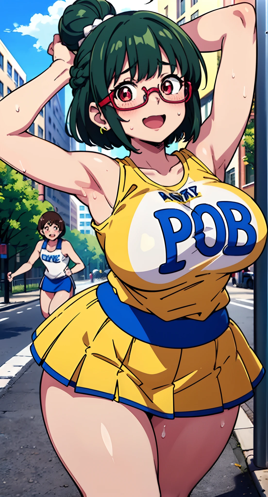 (Perfect body),Best Quality,(8K Portrait),(Official art)、adult woman、fatness、cheerleaders、(((Brown-skinned)))、Red-rimmed glasses、embarrassed from、1girl in,(((:D)))、Wavy mouth、Surprised、(blush),(Sweat),(((large udder)))、(thick thighs)、(big butts)、(Green black hair),Blunt bangs,(The hair is tied in a bun at the back)、((((Short hair))))、(Blue and yellow sleeveless shirt)、(Blue and yellow mini skirt)、pink earring、 (Red Eyes)、In the street、Raising both arms、Armpits、Raising the right leg、Yellow pompons