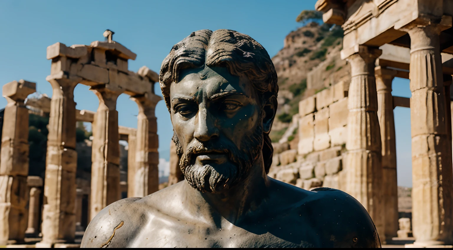 Ancient Stoic Statue With Very Angry Expression, tem barba, muitos detalhes em ambos os olhos, Outside, fundo atenas grego, open sky, com rosto extremamente detalhado full body view, Colors with low saturation with dark tone, Filmado em Sony A7S III com Sony FE 35mm f/1.8, 12.1 MP, --AR 3:2 --estilo cru