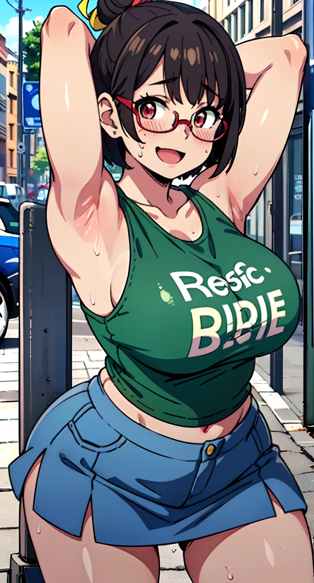(Perfect body),Best Quality,(8K Portrait),(Official art)、adult  woman、fatness、cheerleaders、(((Brown-skinned)))、Red-rimmed glasses、embarrassed from、1girl in,(((:D)))、Wavy mouth、Surprised、(blush),(Sweat),(((large udder)))、(thick thighs)、(big butts)、(Green black hair),Blunt bangs,(The hair is tied in a bun at the back)、((((Short hair))))、(Blue and yellow sleeveless shirt)、(Blue and yellow mini skirt)、pink earring、 (Red Eyes)、In the street、Raising both arms、Armpits、Raising the right leg、Yellow pompons