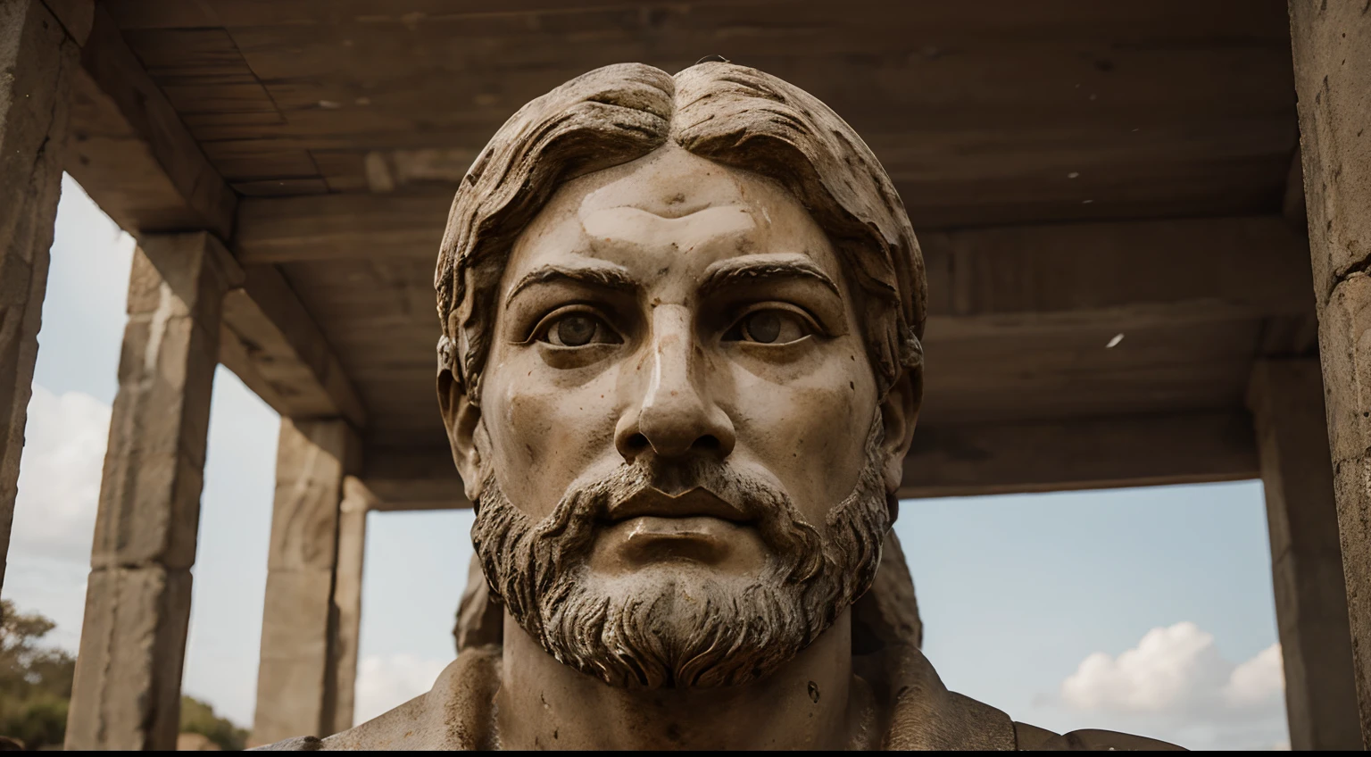 Ancient Stoic Statue With Very Angry Expression, tem barba, muitos detalhes em ambos os olhos, Outside, fundo atenas grego, open sky, com rosto extremamente detalhado full body view, Colors with low saturation with dark tone, Filmado em Sony A7S III com Sony FE 35mm f/1.8, 12.1 MP, --AR 3:2 --estilo cru