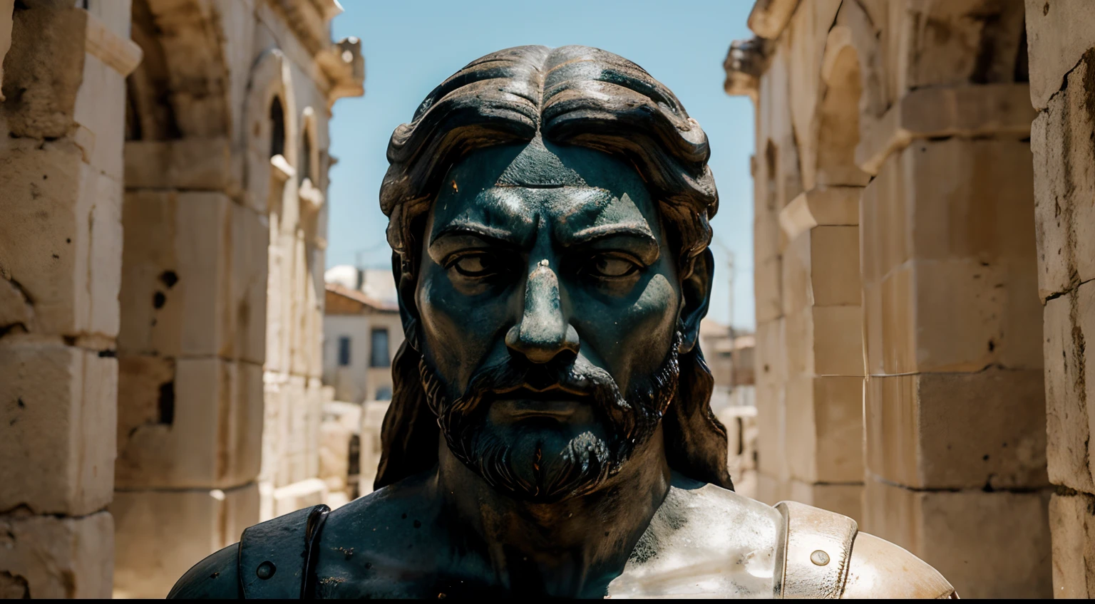 Ancient Stoic Statue With Very Angry Expression, tem barba, muitos detalhes em ambos os olhos, Outside, fundo atenas grego, open sky, com rosto extremamente detalhado full body view, Colors with low saturation with dark tone, Filmado em Sony A7S III com Sony FE 35mm f/1.8, 12.1 MP, --AR 3:2 --estilo cru
