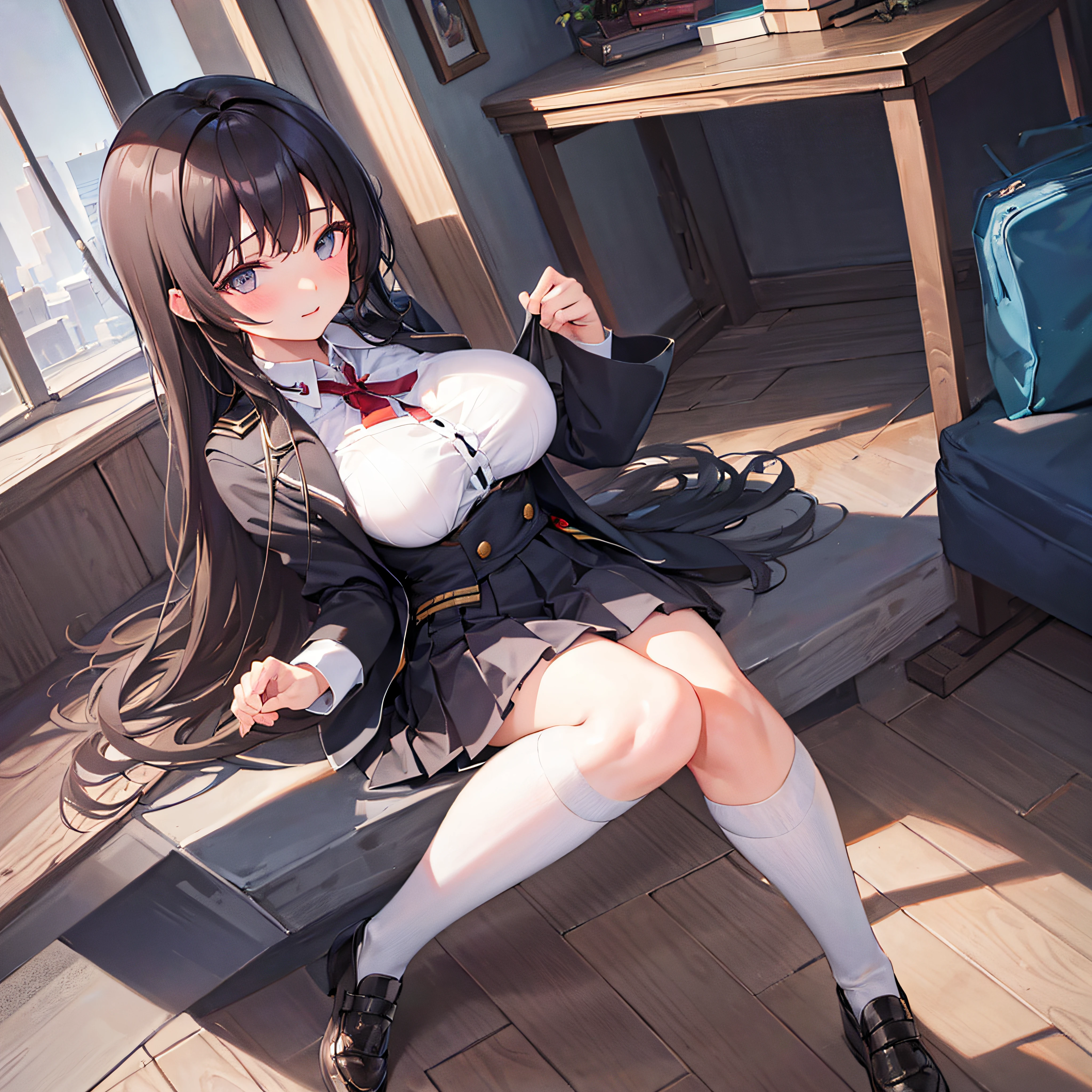 (Best Quality, Very Detailed), Cute, High School Uniform, Long Hair, Dark Hair, Dark Eyes, Mild, Big Breasts, Full Length