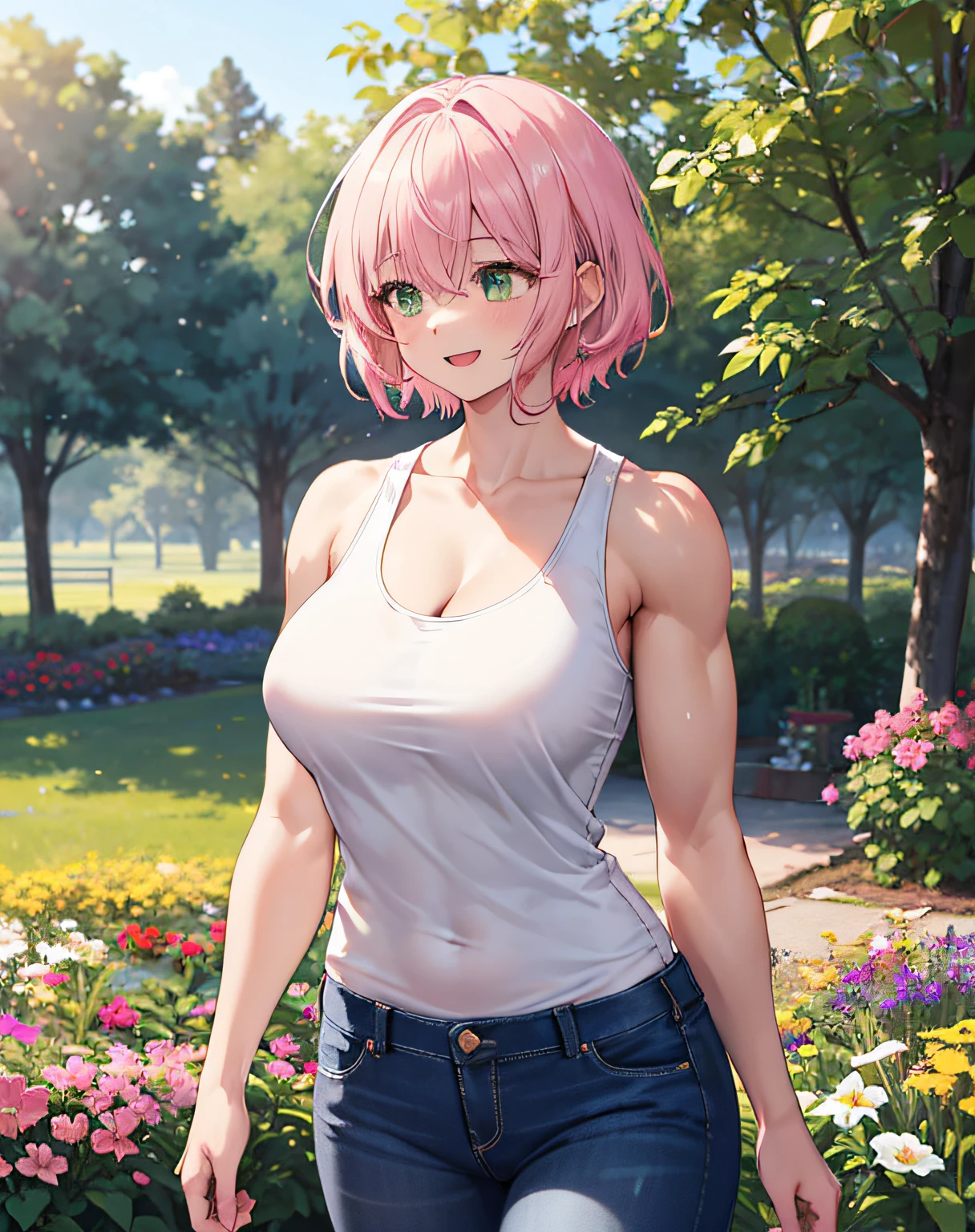 1 girl, solo, best quality, ultra detailed, (happy:1.4), pink hair, pink short hair, green eyes, tank top shirt, looking away, from front, portrait, buff, muscular arms, buff arms, standing, on a farm, flower garden, warm sunlight, blue jeans, large sized chest, large sized breast, large breasts, large muscular arms, large muscles