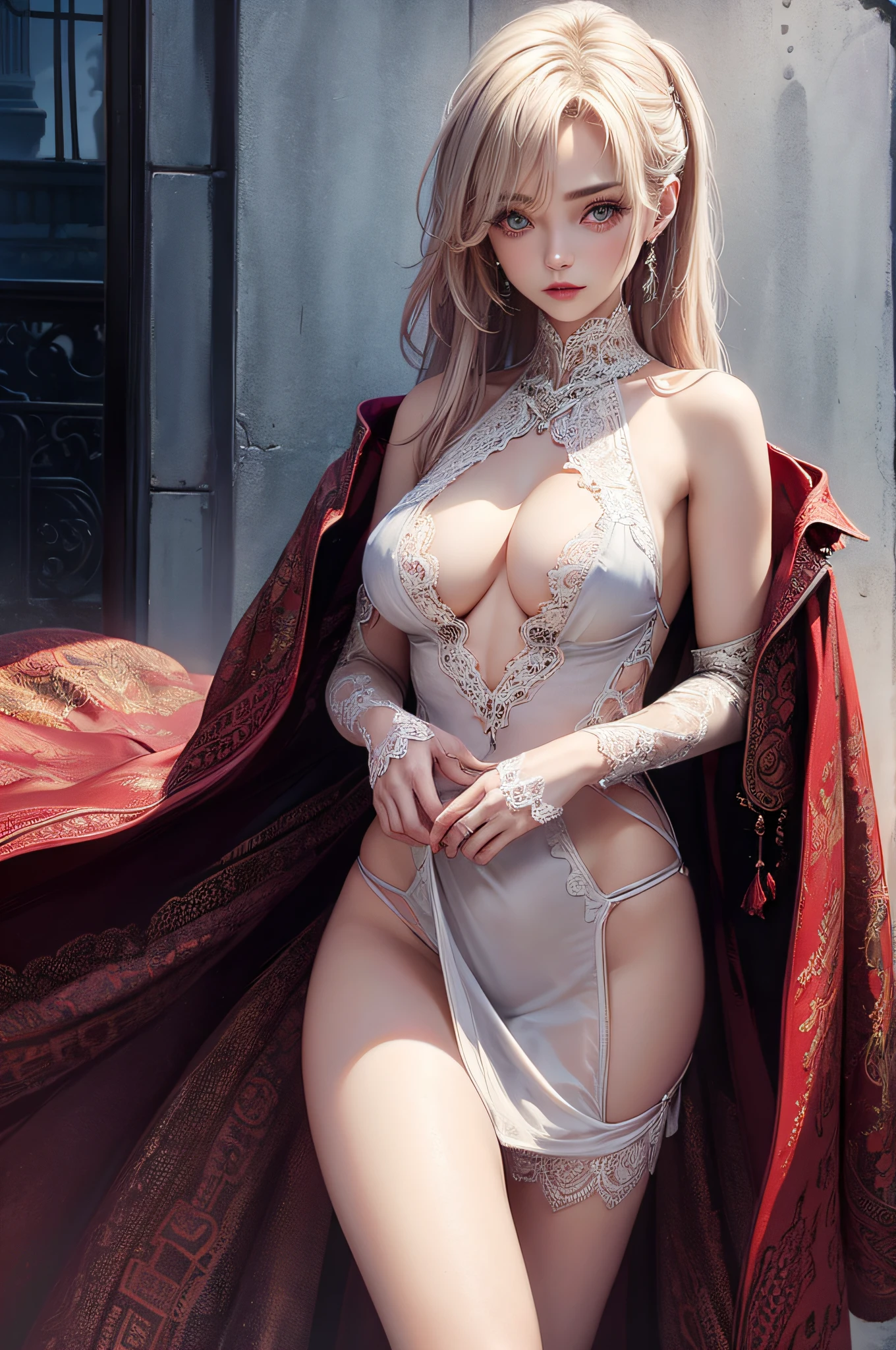 very hot sexy russian girl, half naked breast expose, Sheer lace dress with a deep V-neckline Museum, vibrant