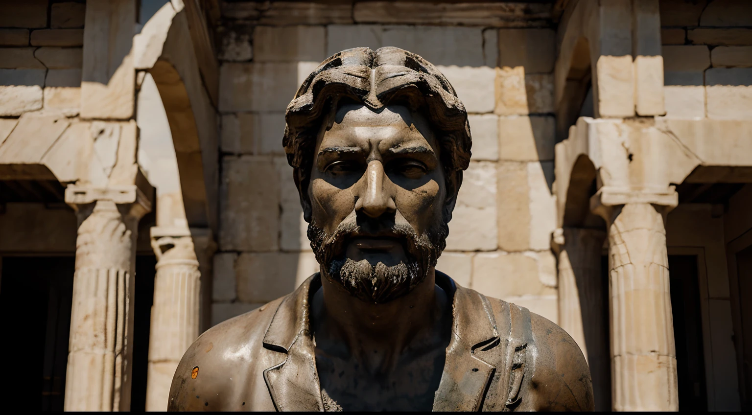 Ancient Stoic Statue With Very Angry Expression, tem barba, muitos detalhes em ambos os olhos, Outside, fundo atenas grego, open sky, com rosto extremamente detalhado full body view, Colors with low saturation with dark tone, Filmado em Sony A7S III com Sony FE 35mm f/1.8, 12.1 MP, --AR 3:2 --estilo cru