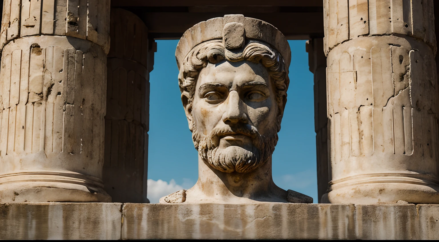 Ancient Stoic Statue With Very Angry Expression, tem barba, muitos detalhes em ambos os olhos, Outside, fundo atenas grego, open sky, com rosto extremamente detalhado full body view, Colors with low saturation with dark tone, Filmado em Sony A7S III com Sony FE 35mm f/1.8, 12.1 MP, --AR 3:2 --estilo cru