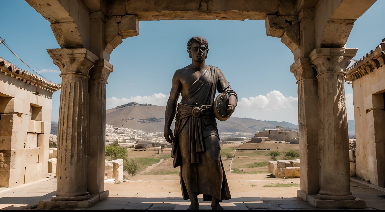 Ancient Stoic Statue With Very Angry Expression, tem barba, muitos detalhes em ambos os olhos, Outside, fundo atenas grego, open sky, com rosto extremamente detalhado full body view, Colors with low saturation with dark tone, Filmado em Sony A7S III com Sony FE 35mm f/1.8, 12.1 MP, --AR 3:2 --estilo cru