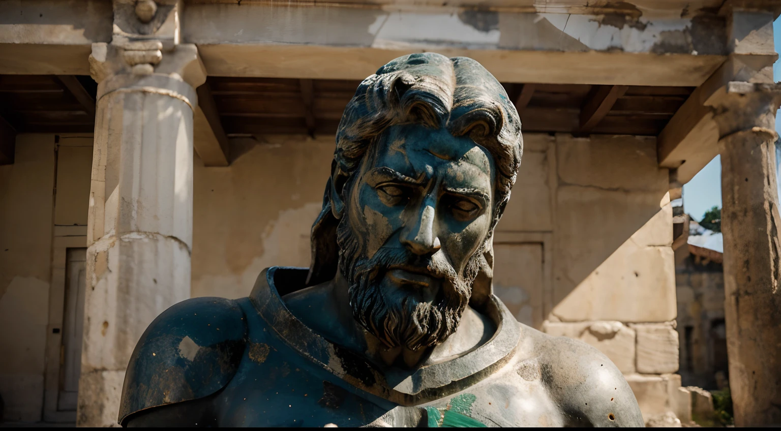Ancient Stoic Statue With Very Angry Expression, tem barba, muitos detalhes em ambos os olhos, Outside, fundo atenas grego, open sky, com rosto extremamente detalhado full body view, Colors with low saturation with dark tone, Filmado em Sony A7S III com Sony FE 35mm f/1.8, 12.1 MP, --AR 3:2 --estilo cru