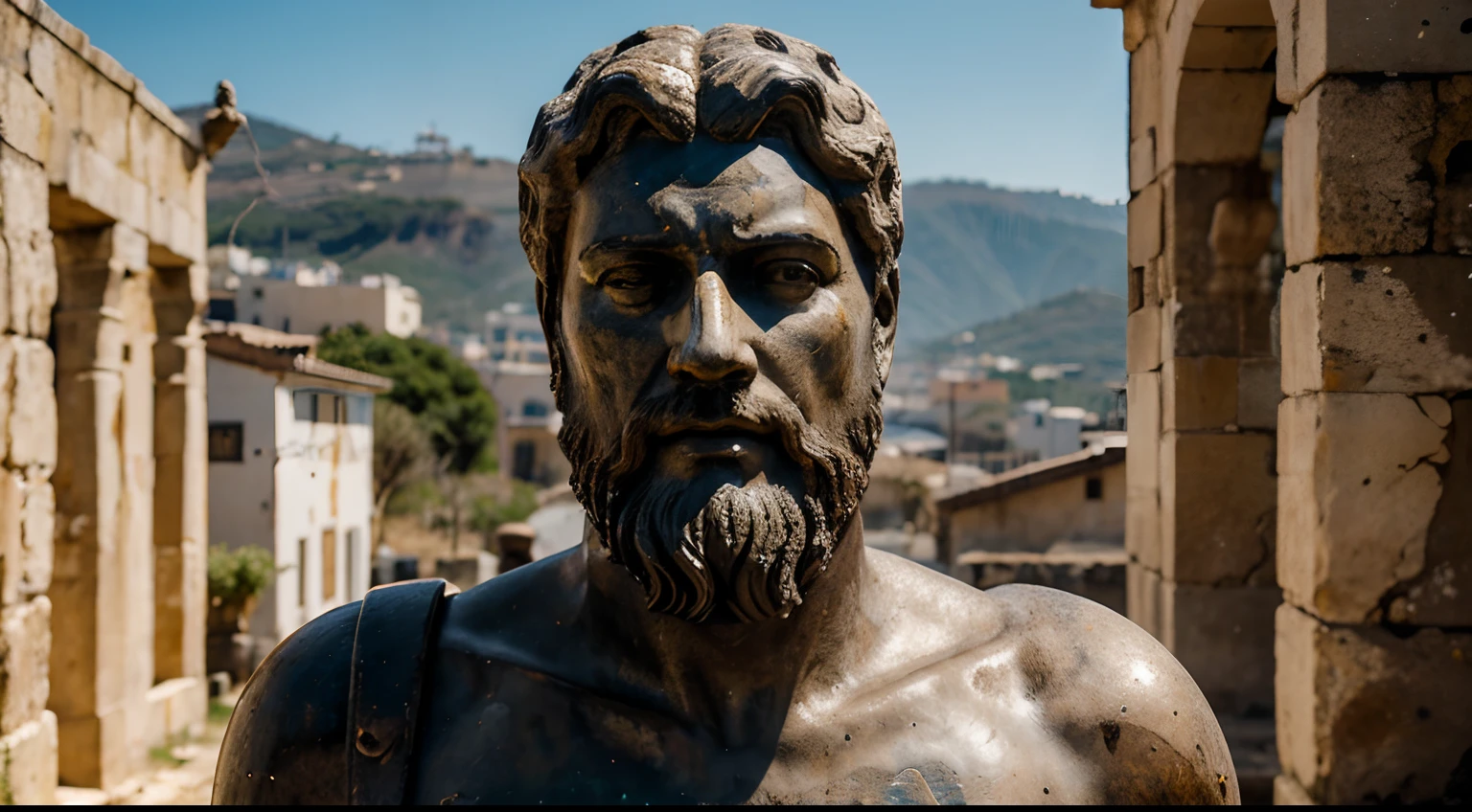 Ancient Stoic Statue With Very Angry Expression, tem barba, muitos detalhes em ambos os olhos, Outside, fundo atenas grego, open sky, com rosto extremamente detalhado full body view, Colors with low saturation with dark tone, Filmado em Sony A7S III com Sony FE 35mm f/1.8, 12.1 MP, --AR 3:2 --estilo cru