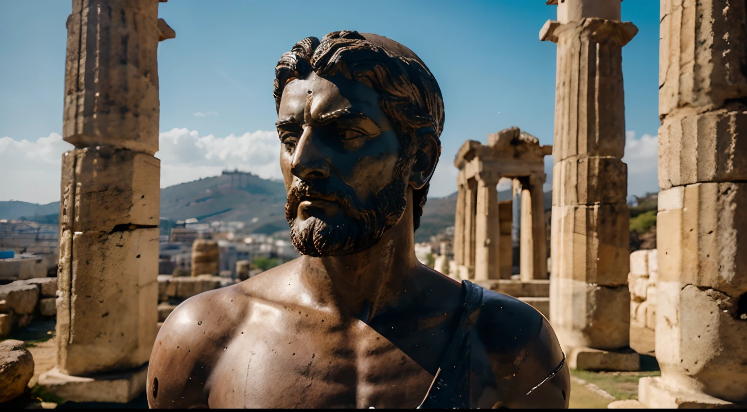 Ancient Stoic Statue With Very Angry Expression, tem barba, muitos detalhes em ambos os olhos, Outside, fundo atenas grego, open sky, com rosto extremamente detalhado full body view, Colors with low saturation with dark tone, Filmado em Sony A7S III com Sony FE 35mm f/1.8, 12.1 MP, --AR 3:2 --estilo cru
