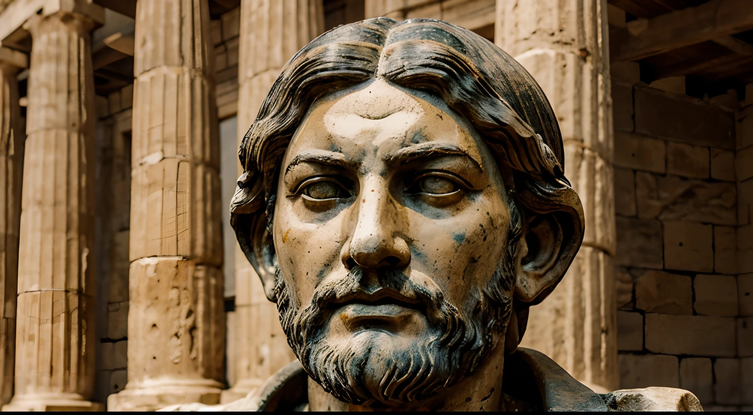 Ancient Stoic Statue With Very Angry Expression, tem barba, muitos detalhes em ambos os olhos, Outside, fundo atenas grego, open sky, com rosto extremamente detalhado full body view, Colors with low saturation with dark tone, Filmado em Sony A7S III com Sony FE 35mm f/1.8, 12.1 MP, --AR 3:2 --estilo cru