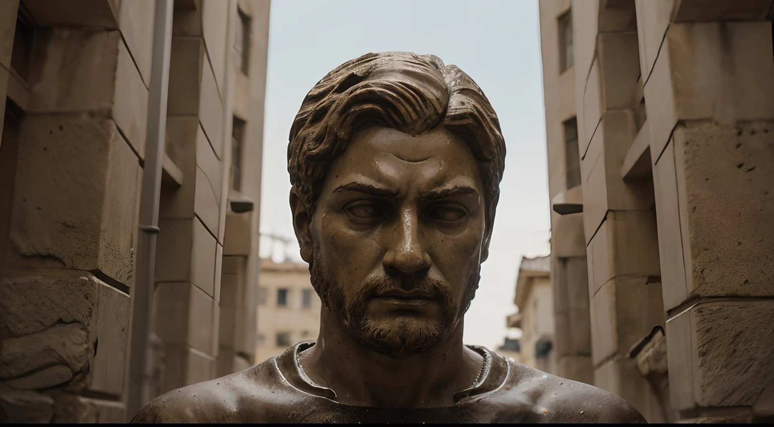 Ancient Stoic Statue With Very Angry Expression, tem barba, muitos detalhes em ambos os olhos, Outside, fundo atenas grego, open sky, com rosto extremamente detalhado full body view, Colors with low saturation with dark tone, Filmado em Sony A7S III com Sony FE 35mm f/1.8, 12.1 MP, --AR 3:2 --estilo cru
