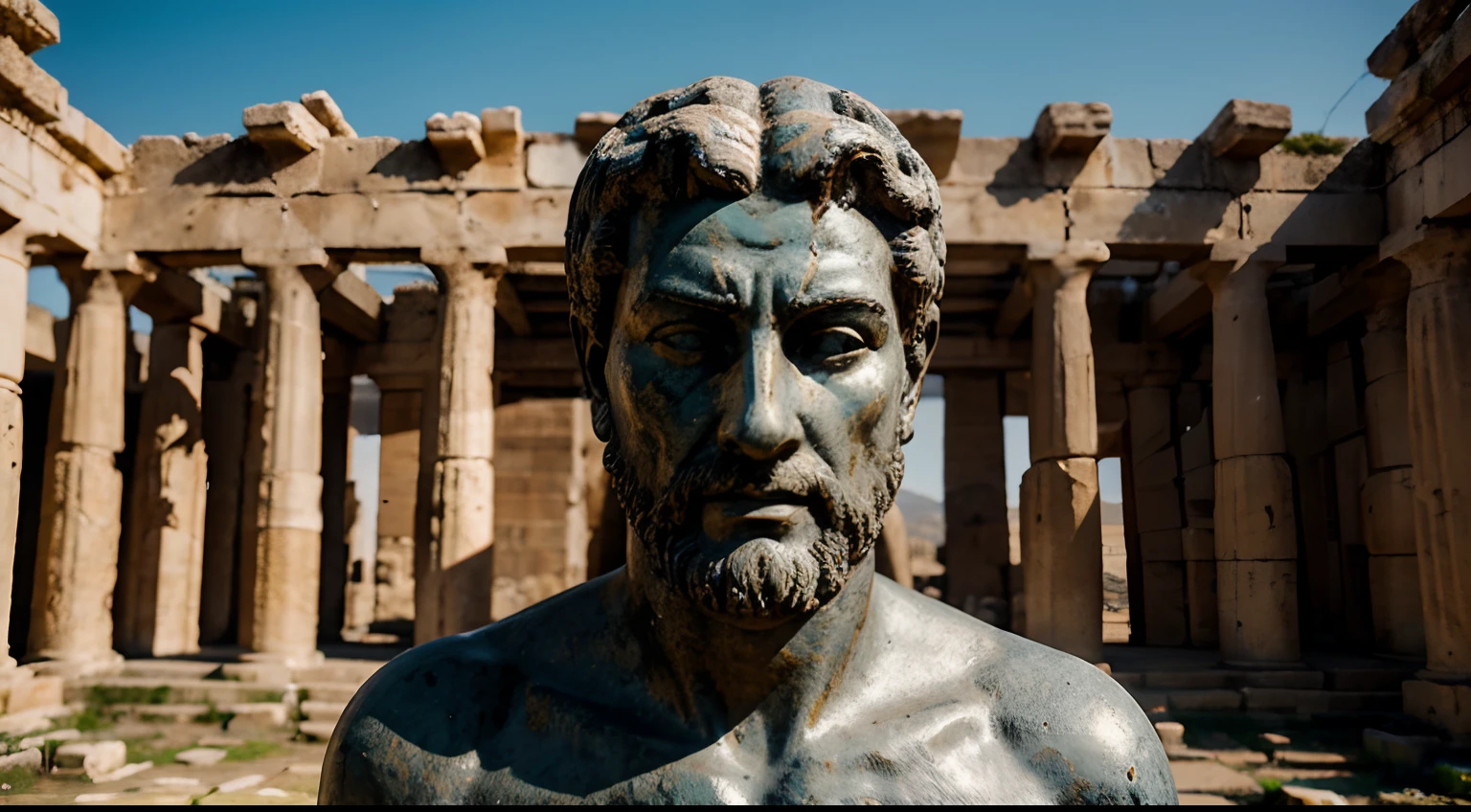 Ancient Stoic Statue With Very Angry Expression, tem barba, muitos detalhes em ambos os olhos, Outside, fundo atenas grego, open sky, com rosto extremamente detalhado full body view, Colors with low saturation with dark tone, Filmado em Sony A7S III com Sony FE 35mm f/1.8, 12.1 MP, --AR 3:2 --estilo cru