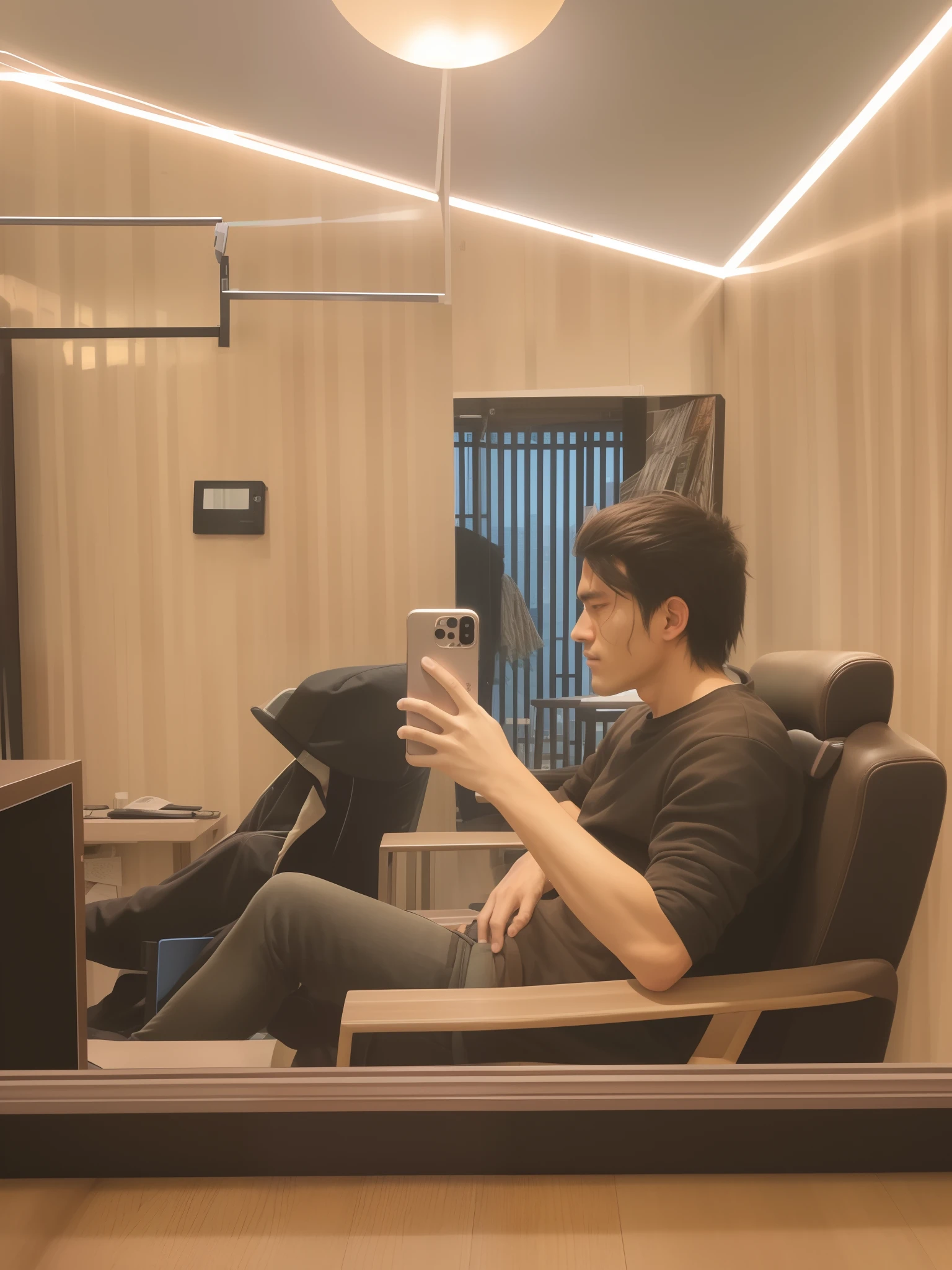 there is a man(eren yeager) sitting in a chair using a cell phone,eren yeager from attack on titan,looking at his phone, mirror selfie, by Kanbun Master, 8k selfie photograph, with short hair, captured on iphone, shot with iphone 1 0, taken with sony alpha 9, the hime cut, set on singaporean aesthetic, modern look, selfie, 🕹️ 😎 🚬