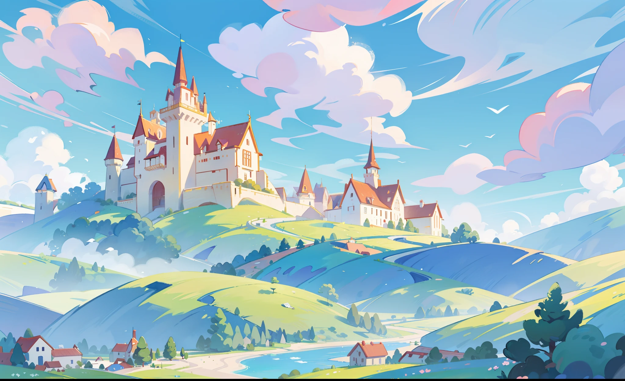 picture book illustration, watercolor storybook illustration, princess castle, fairytale castle, fairytale towers, clouds, vibrant pastel colors, dream, colorful, whimsical, magical, masterpiece, best quality, sharp focus, intricately detailed environment, fine detail, 8k resolution