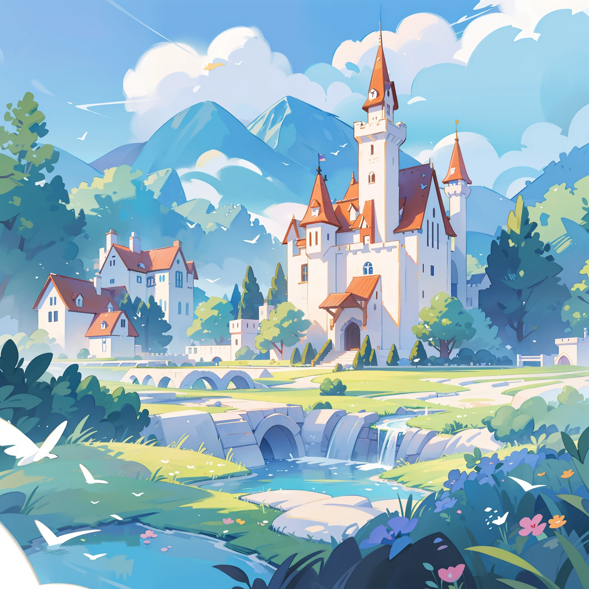 picture book illustration, watercolor storybook illustration, princess castle, fairytale castle, fairytale towers, clouds, vibrant pastel colors, dream, colorful, whimsical, magical, masterpiece, best quality, sharp focus, intricately detailed environment, fine detail, 8k resolution