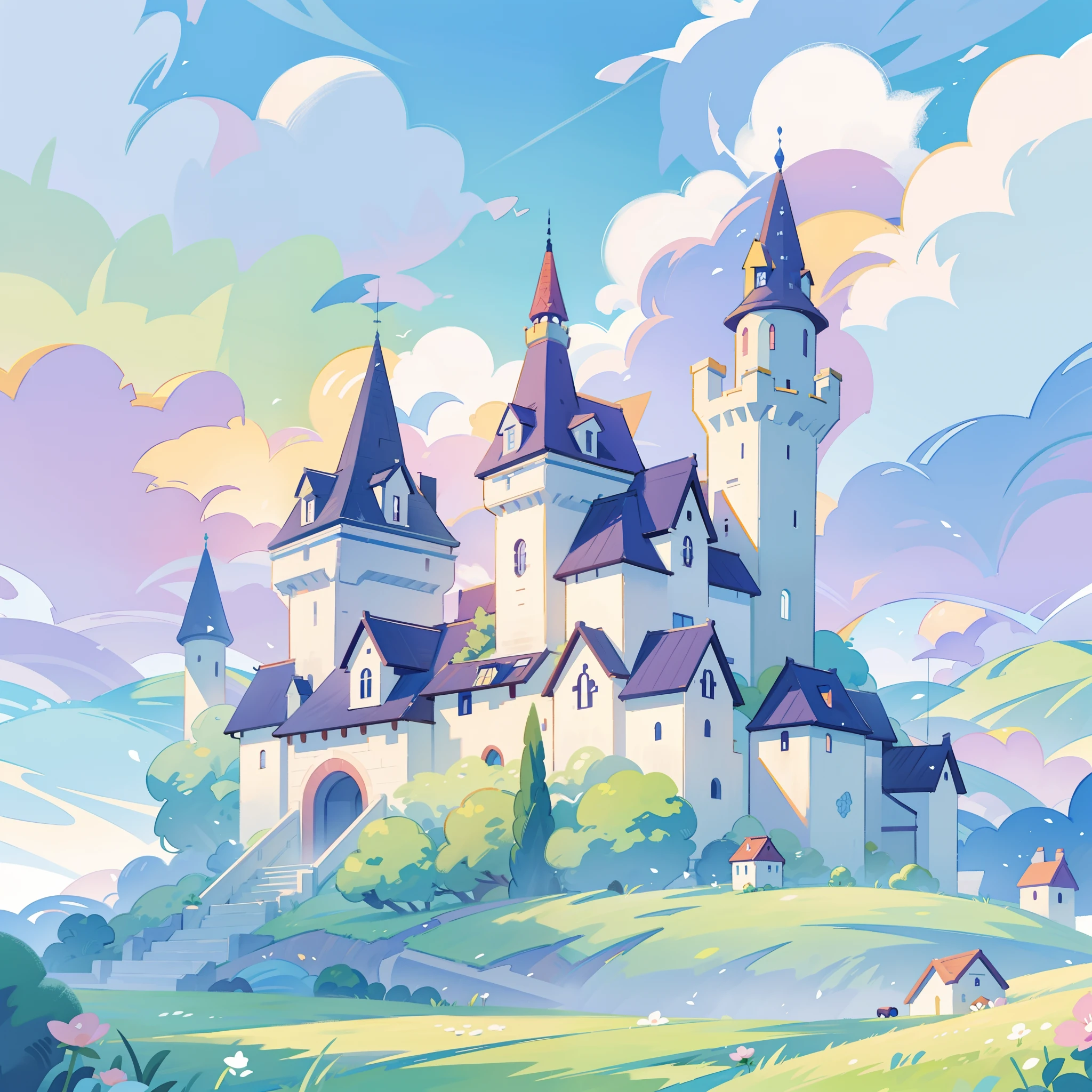 picture book illustration, watercolor storybook illustration, princess castle, fairytale castle, fairytale towers, clouds, vibrant pastel colors, dream, colorful, whimsical, magical, masterpiece, best quality, sharp focus, intricately detailed environment, fine detail, 8k resolution