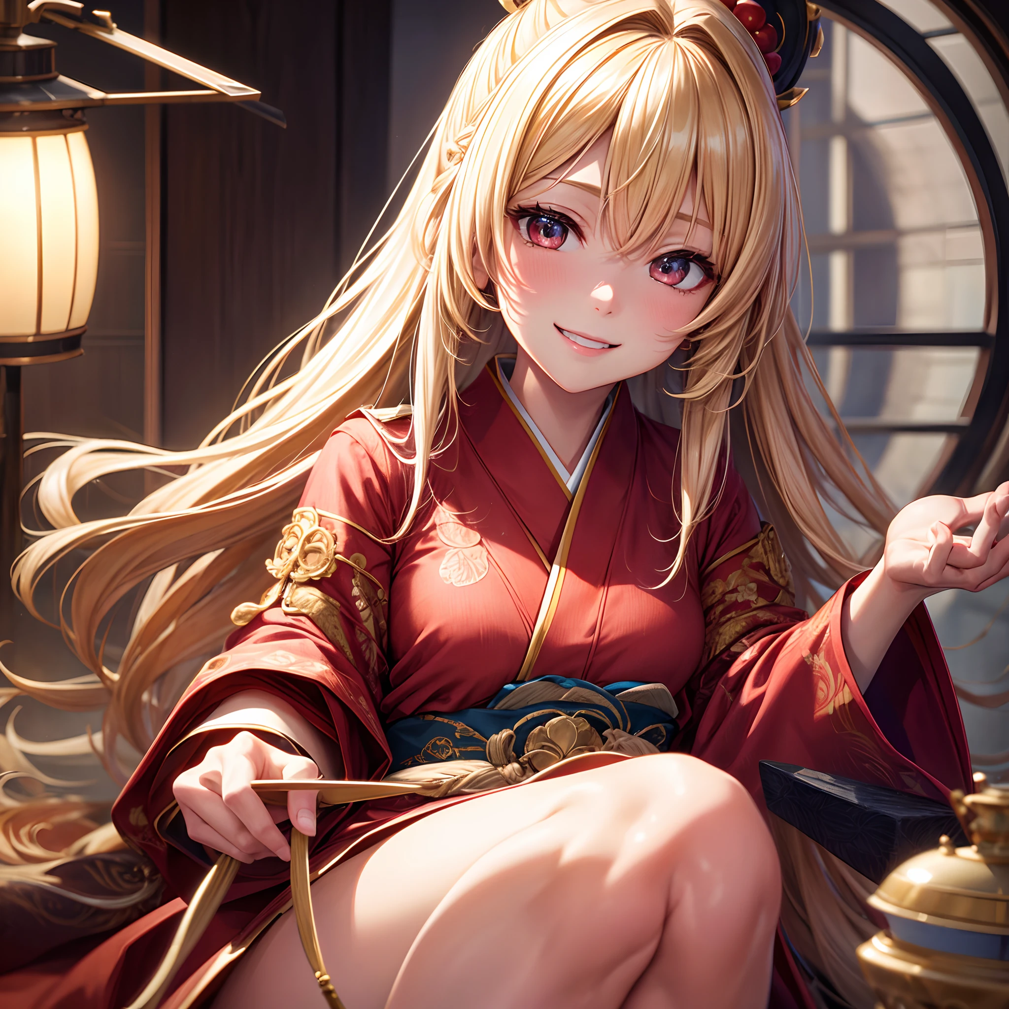 masutepiece, Best Quality, Photorealistic, Super detailed details, finely detail, High resolution, 8K Wallpaper, 1 person woman, up close shot、slightly drooping eyes、japanes、Asian、Blonde fluffy super long hair, In a red blouse, foco nítido, Perfect dynamic composition, Beautiful detailed eyes, detailed hairs, Detailed realistic skin texture, Smiling,