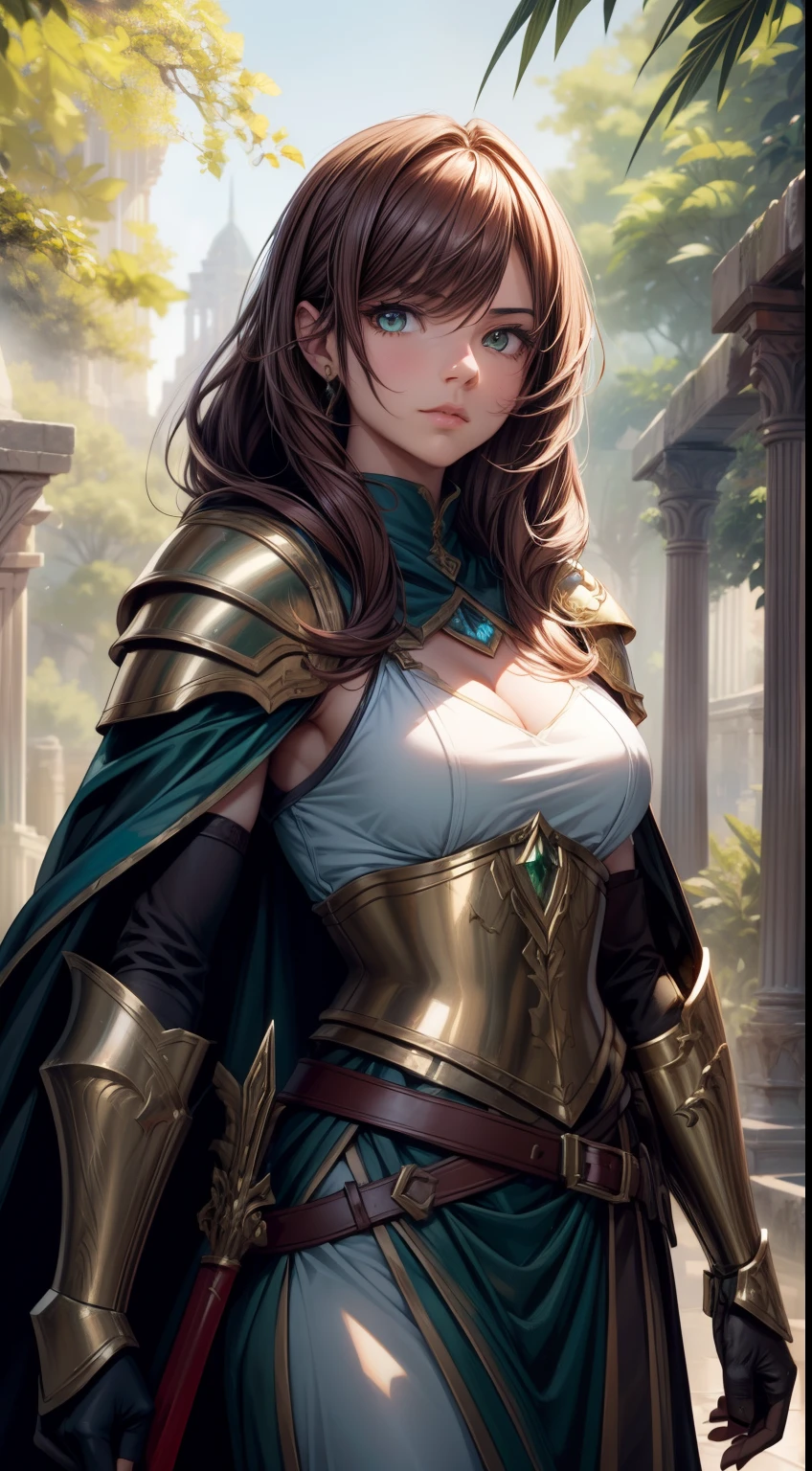 (A high resolution:1.2),Vintage oil painting,An extremely meticulous female swordsman,Beautiful facial features,Detailed armor and weapons,Vibrant colors,Soft lighting,dramatic pose,A backdrop of lush greenery and ancient ruins,Sunlight peeks through the trees,Flowing cape,eye-catching composition,classical aesthetics,Ornate hilt,Decorative carving,A sword that shines with brilliance,Elaborate shields,Weathered stone texture,dark Red cloak,Emerald eyes,An aura of self-confidence and determination.