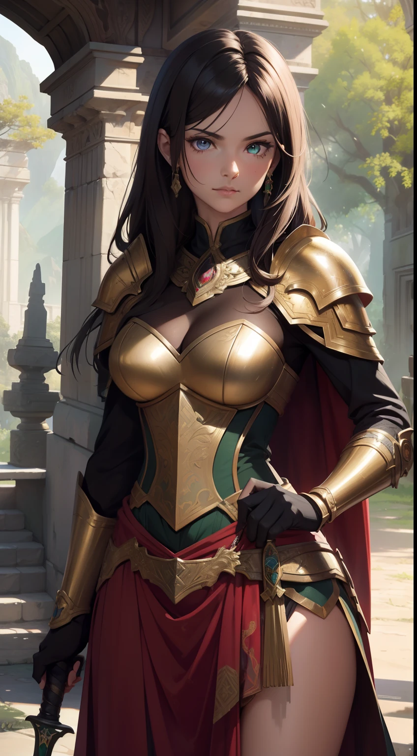 (highres:1.2),vintage oil painting,extremely detailed swordswoman,beautiful facial features,detailed armor and weapon,vibrant colors,soft lighting,dramatic pose,background with lush greenery and ancient ruins,sunbeam peeking through trees,flowing cape,eye-catching composition,classical aesthetic,ornate hilt,decorative engravings,sword gleaming with brilliance,elaborate shield,weathered stone texture,crimson cloak,emerald eyes,aura of confidence and determination.