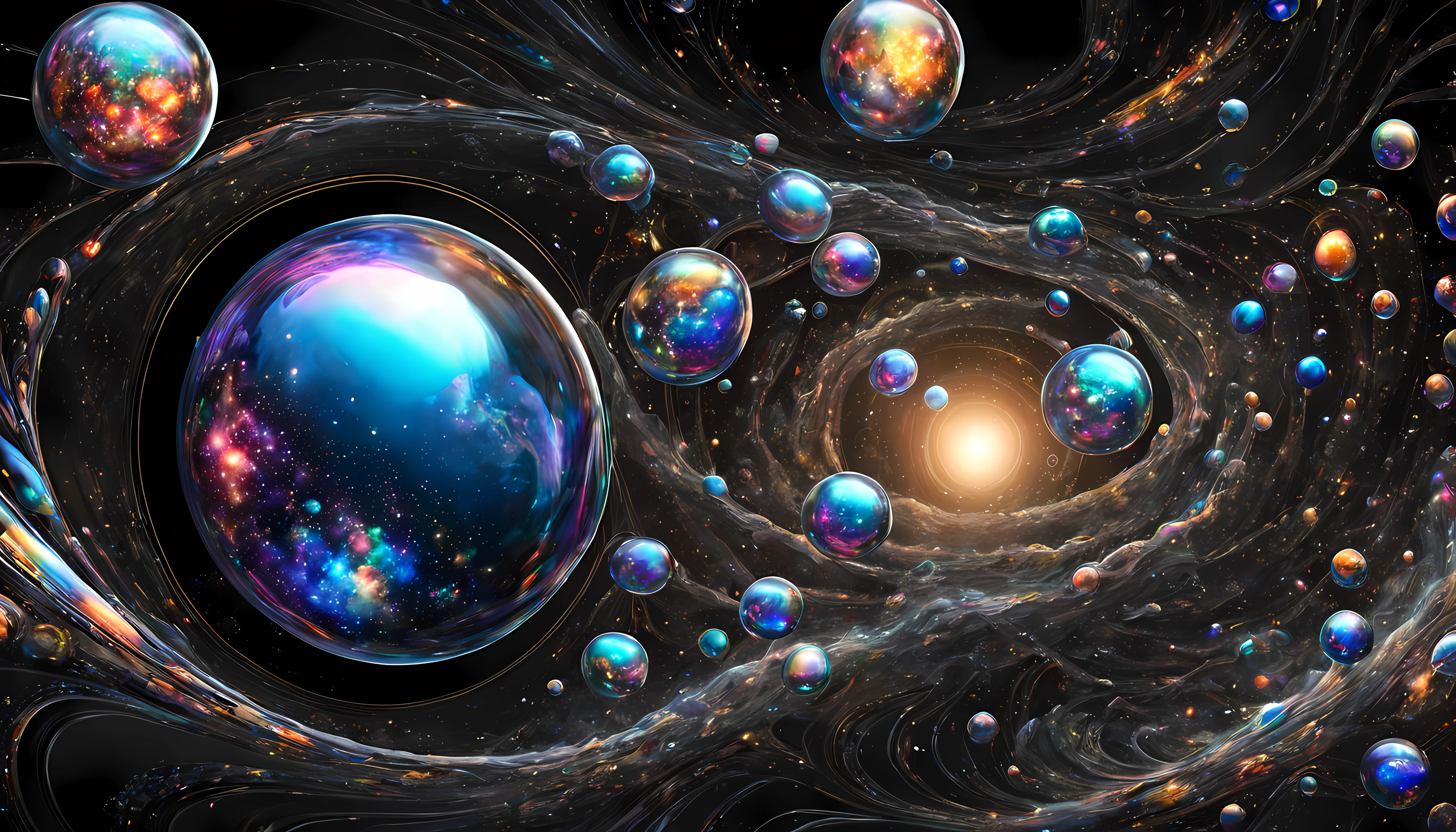The infinite expanse of the cosmic sea, filled with incandescent bubbles. Each bubble acts as a delicate glass case, sketching out its own universe, filled with vibrant galaxies that swirl like iridescent opals. The stark contrast of the kaleidoscopic colors against the brooding, infinite black void is a testament to the grandeur of existence, (detailed, highres, high quality, 8k, high saturation)