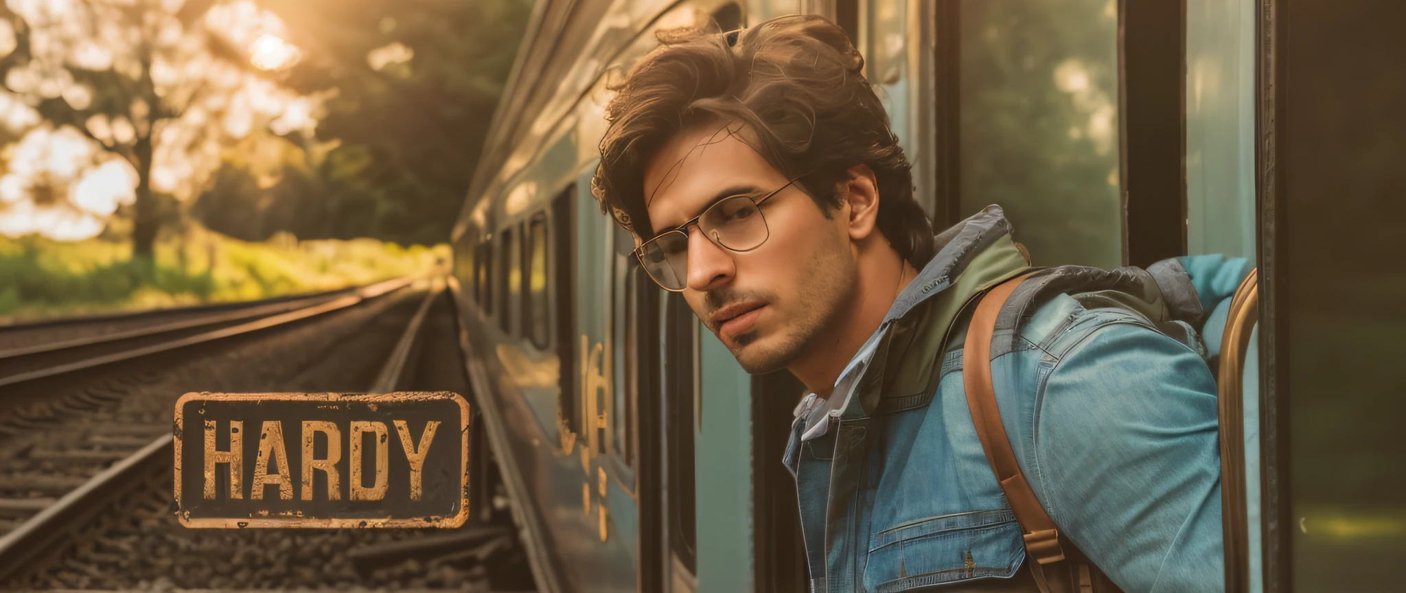 a handsome man looking outside from train's gate. make this aesthetic nice beautiful, nature , 4k resoulution
