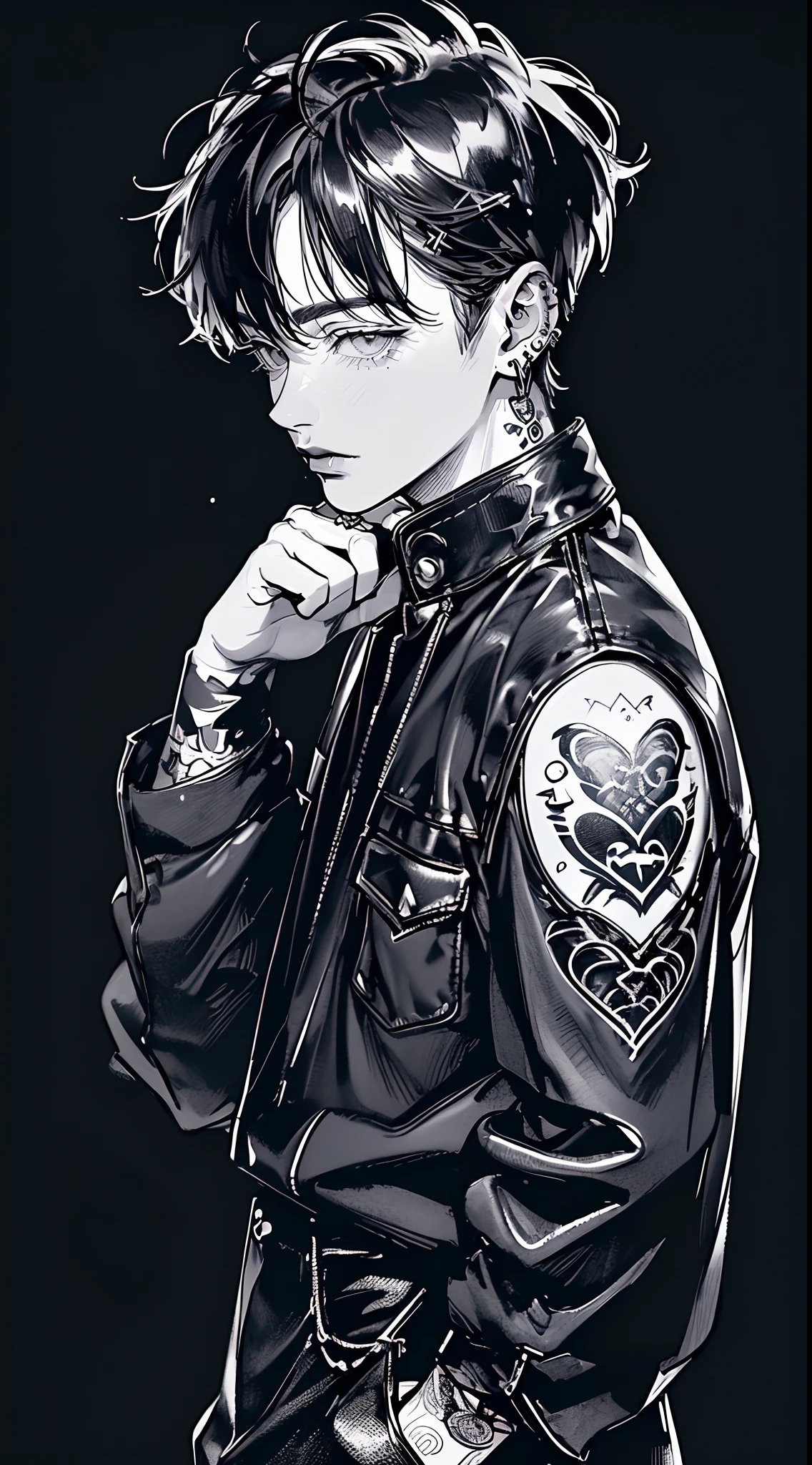 (4K works))、masterpiece、(top-quality)、((black backgrounds))、Korean Male、Adult male、((Adult 50 years old))、((Adult uncle type))、((Leather Jeans Style))、((Face similar to Hyunjin))、Cool Men、tall、((Wild features))、((Long sleeve long trouser style))、((Smaller face))、Slim body、(((short-haired)))、((shot from a side angle))、((profile))、((Turn the body to the side))、((Shot alone))、((Solo Photography))、Professional Photos、((He is in front of the viewer))、((Monochrome photography))、((Upper body photography))、((Wear a lot of piercings))、((Mouth piercing))、((Icon Photo))、((Sick Boys))、((Mine Boys))、((tattoo))、((Mine photo))、((Mine-type pose))