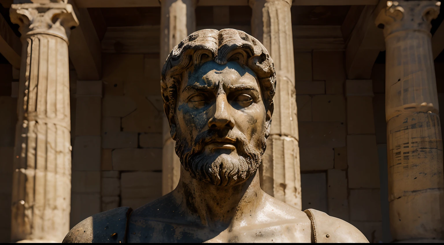 Ancient Stoic Statue With Very Angry Expression, tem barba, muitos detalhes em ambos os olhos, Outside, fundo atenas grego, open sky, com rosto extremamente detalhado full body view, Colors with low saturation with dark tone, Filmado em Sony A7S III com Sony FE 35mm f/1.8, 12.1 MP, --AR 3:2 --estilo cru