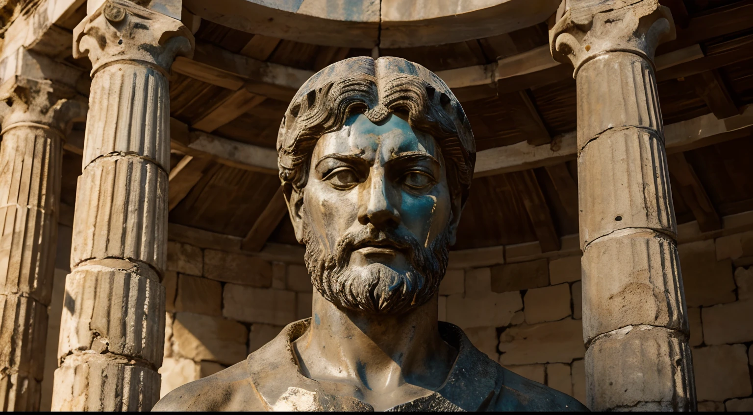 Ancient Stoic Statue With Very Angry Expression, tem barba, muitos detalhes em ambos os olhos, Outside, fundo atenas grego, open sky, com rosto extremamente detalhado full body view, Colors with low saturation with dark tone, Filmado em Sony A7S III com Sony FE 35mm f/1.8, 12.1 MP, --AR 3:2 --estilo cru