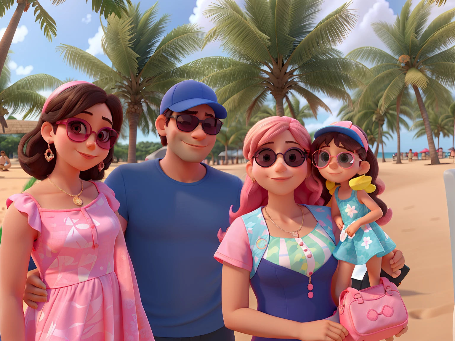 Girl in pink dress dress and sunglasses. Man in cap and sunglasses. Woman in dark blue swimsuit and sunglasses. loira de oculos rosa. Fundo de palmeiras em uma praia. estilo disney pixar. melhor qualidade. alta resolução