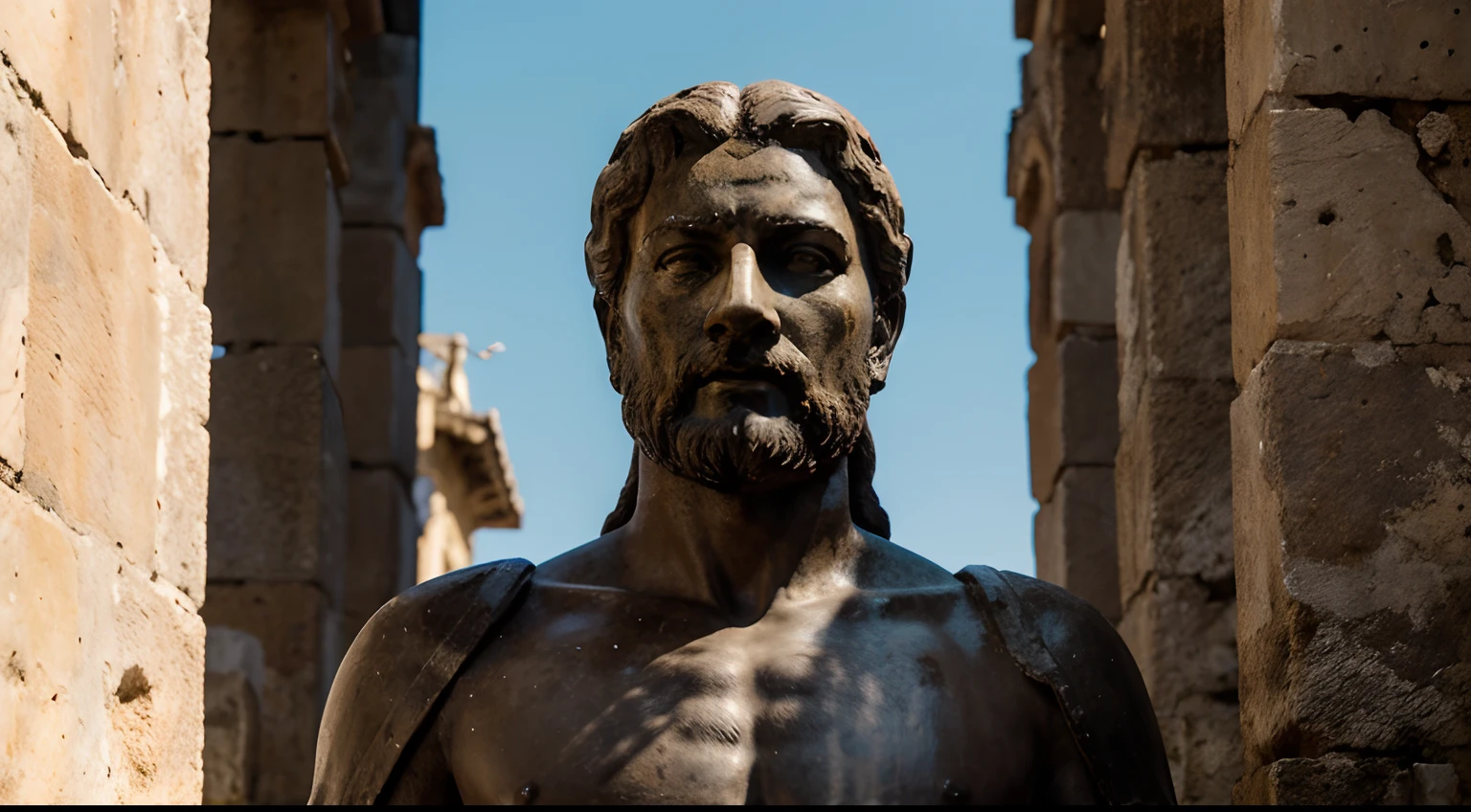 Ancient Stoic Statue With Very Angry Expression, tem barba, muitos detalhes em ambos os olhos, Outside, fundo atenas grego, open sky, com rosto extremamente detalhado full body view, Colors with low saturation with dark tone, Filmado em Sony A7S III com Sony FE 35mm f/1.8, 12.1 MP, --AR 3:2 --estilo cru