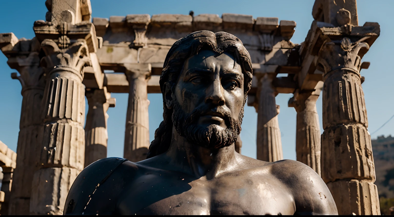 Ancient Stoic Statue With Very Angry Expression, tem barba, muitos detalhes em ambos os olhos, Outside, fundo atenas grego, open sky, com rosto extremamente detalhado full body view, Colors with low saturation with dark tone, Filmado em Sony A7S III com Sony FE 35mm f/1.8, 12.1 MP, --AR 3:2 --estilo cru