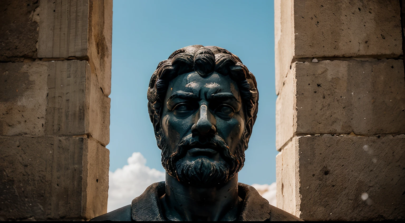 Ancient Stoic Statue With Very Angry Expression, tem barba, muitos detalhes em ambos os olhos, Outside, fundo atenas grego, open sky, com rosto extremamente detalhado full body view, Colors with low saturation with dark tone, Filmado em Sony A7S III com Sony FE 35mm f/1.8, 12.1 MP, --AR 3:2 --estilo cru