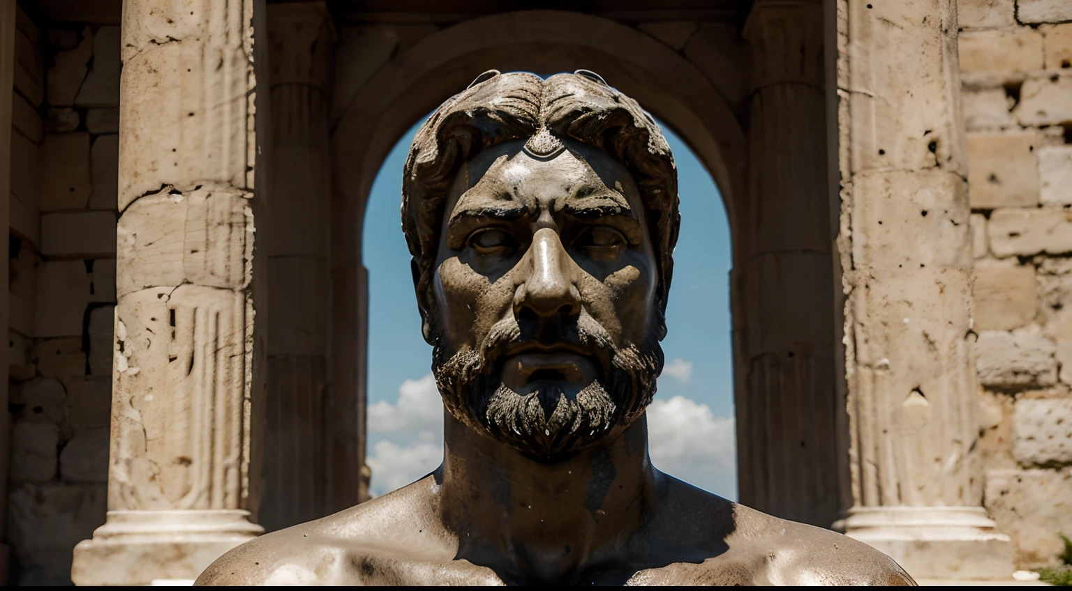 Ancient Stoic Statue With Very Angry Expression, tem barba, muitos detalhes em ambos os olhos, Outside, fundo atenas grego, open sky, com rosto extremamente detalhado full body view, Colors with low saturation with dark tone, Filmado em Sony A7S III com Sony FE 35mm f/1.8, 12.1 MP, --AR 3:2 --estilo cru
