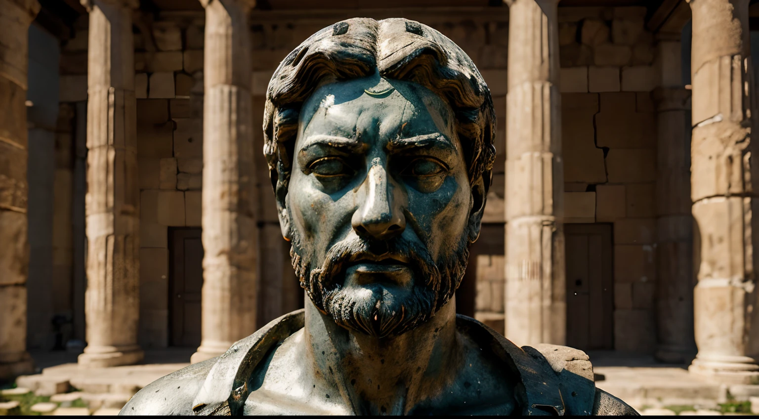 Ancient Stoic Statue With Very Angry Expression, tem barba, muitos detalhes em ambos os olhos, Outside, fundo atenas grego, open sky, com rosto extremamente detalhado full body view, Colors with low saturation with dark tone, Filmado em Sony A7S III com Sony FE 35mm f/1.8, 12.1 MP, --AR 3:2 --estilo cru