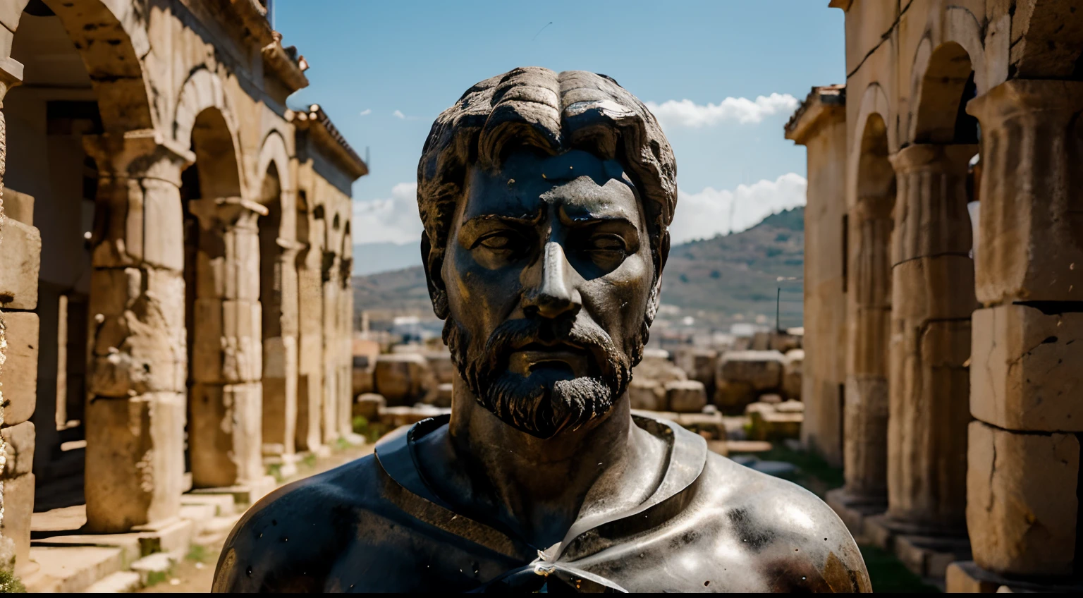 Ancient Stoic Statue With Very Angry Expression, tem barba, muitos detalhes em ambos os olhos, Outside, fundo atenas grego, open sky, com rosto extremamente detalhado full body view, Colors with low saturation with dark tone, Filmado em Sony A7S III com Sony FE 35mm f/1.8, 12.1 MP, --AR 3:2 --estilo cru