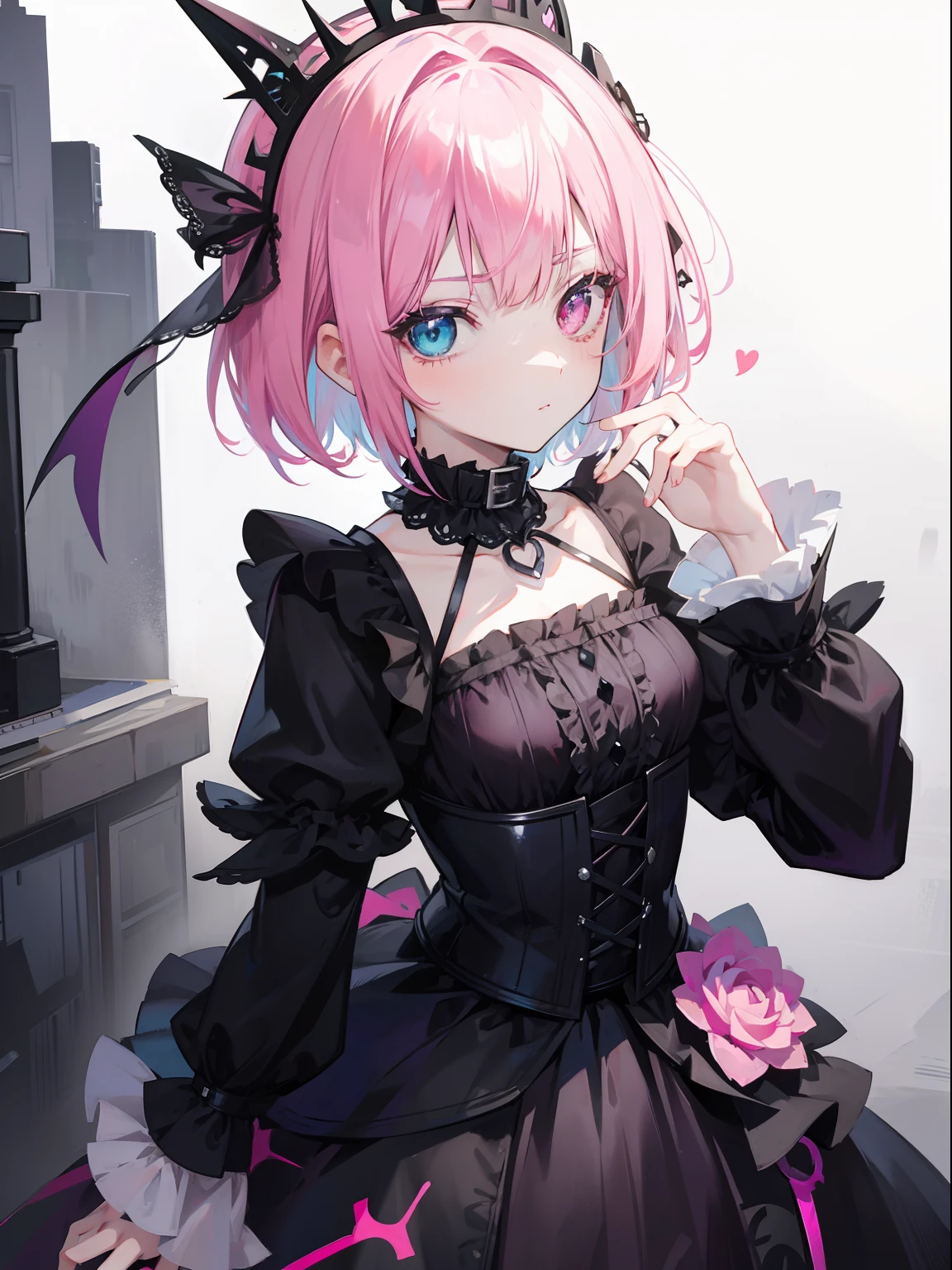 Pink hair, Heterochromia, short hair, Goth Lolita, Darkgoth, Collar,Crown tiara,pride,solo,loli