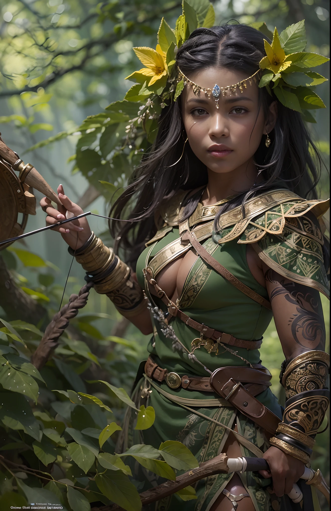 (a high-resolution, realistic) Light skinned black girl, druid in the style of Dungeons and Dragons, holding a bow, with the bow drawn and taking aim at an orc. The girl is dressed in armor made entirely of leaves.
Additional details: The girl has intricate, tribal face paint with earthy colors. Her eyes are sharp and focused, reflecting determination and strength. Her lips are full and slightly parted, showing her concentration as she takes aim. The girl's long, wavy hair is braided with flowers and feathers, adding to her natural and magical appearance.
The armor she wears is made of large, overlapping leaves that resemble scales, providing both protection and camouflage in the natural surroundings. The leaves have a vibrant green color, emphasizing the druid's connection to nature. Vines and flowers intertwine with the armor, further enhancing the mystical and earthy look.
The bow in her hands is made of intricately carved wood, decorated with nature-inspired patterns and symbols. As she pulls back the bowstring, the druid exhibits a graceful and