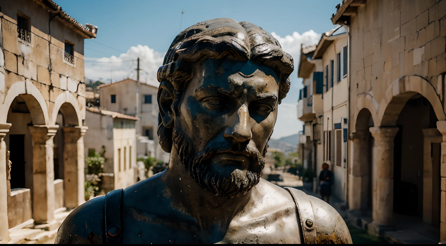 Ancient Stoic Statue With Very Angry Expression, tem barba, muitos detalhes em ambos os olhos, Outside, fundo atenas grego, open sky, com rosto extremamente detalhado full body view, Colors with low saturation with dark tone, Filmado em Sony A7S III com Sony FE 35mm f/1.8, 12.1 MP, --AR 3:2 --estilo cru