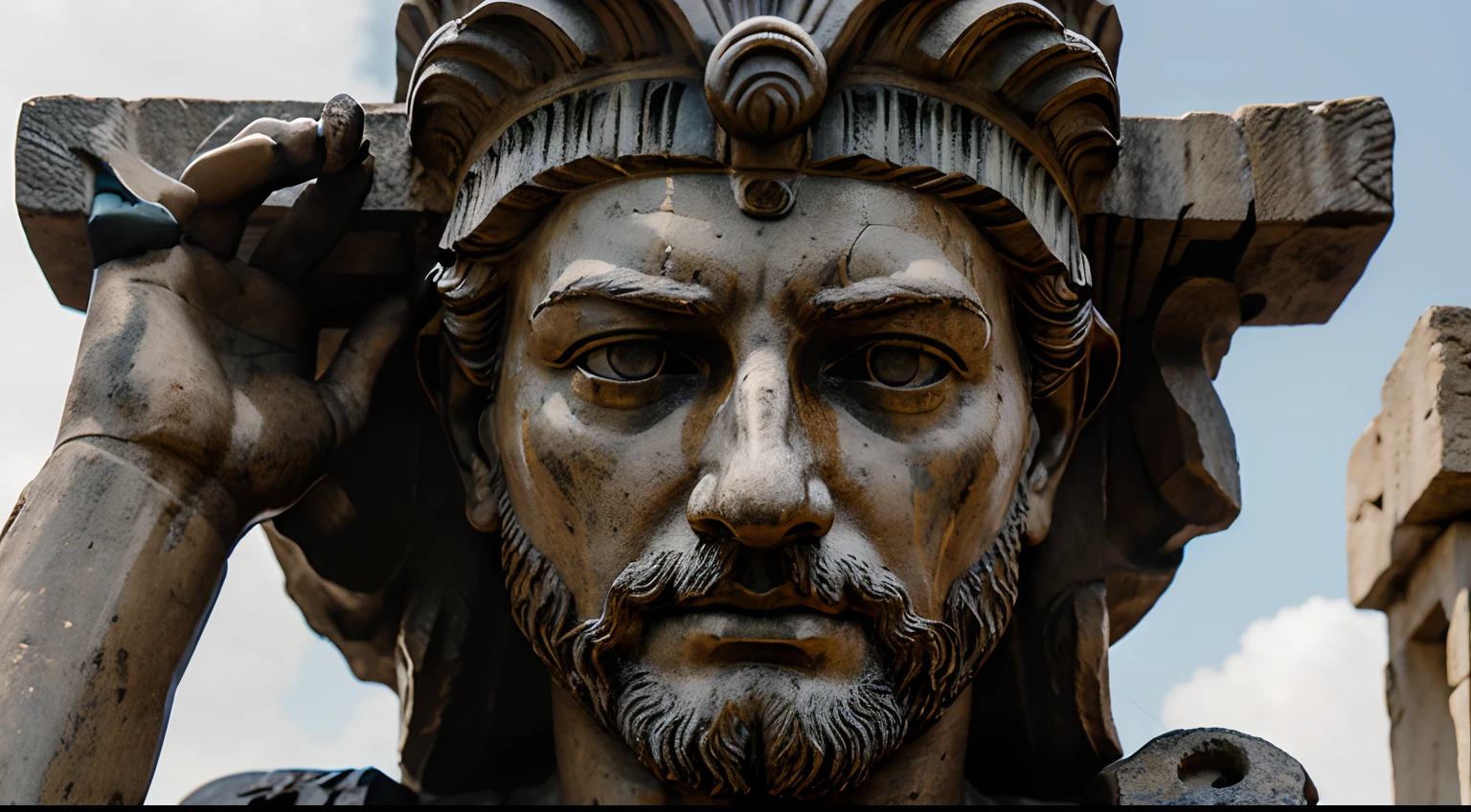 Ancient Stoic Statue With Very Angry Expression, tem barba, muitos detalhes em ambos os olhos, Outside, fundo atenas grego, open sky, com rosto extremamente detalhado full body view, Colors with low saturation with dark tone, Filmado em Sony A7S III com Sony FE 35mm f/1.8, 12.1 MP, --AR 3:2 --estilo cru