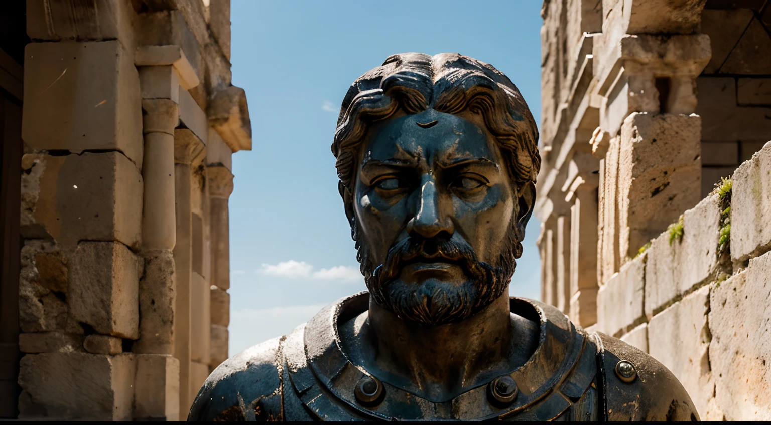 Ancient Stoic Statue With Very Angry Expression, tem barba, muitos detalhes em ambos os olhos, Outside, fundo atenas grego, open sky, com rosto extremamente detalhado full body view, Colors with low saturation with dark tone, Filmado em Sony A7S III com Sony FE 35mm f/1.8, 12.1 MP, --AR 3:2 --estilo cru