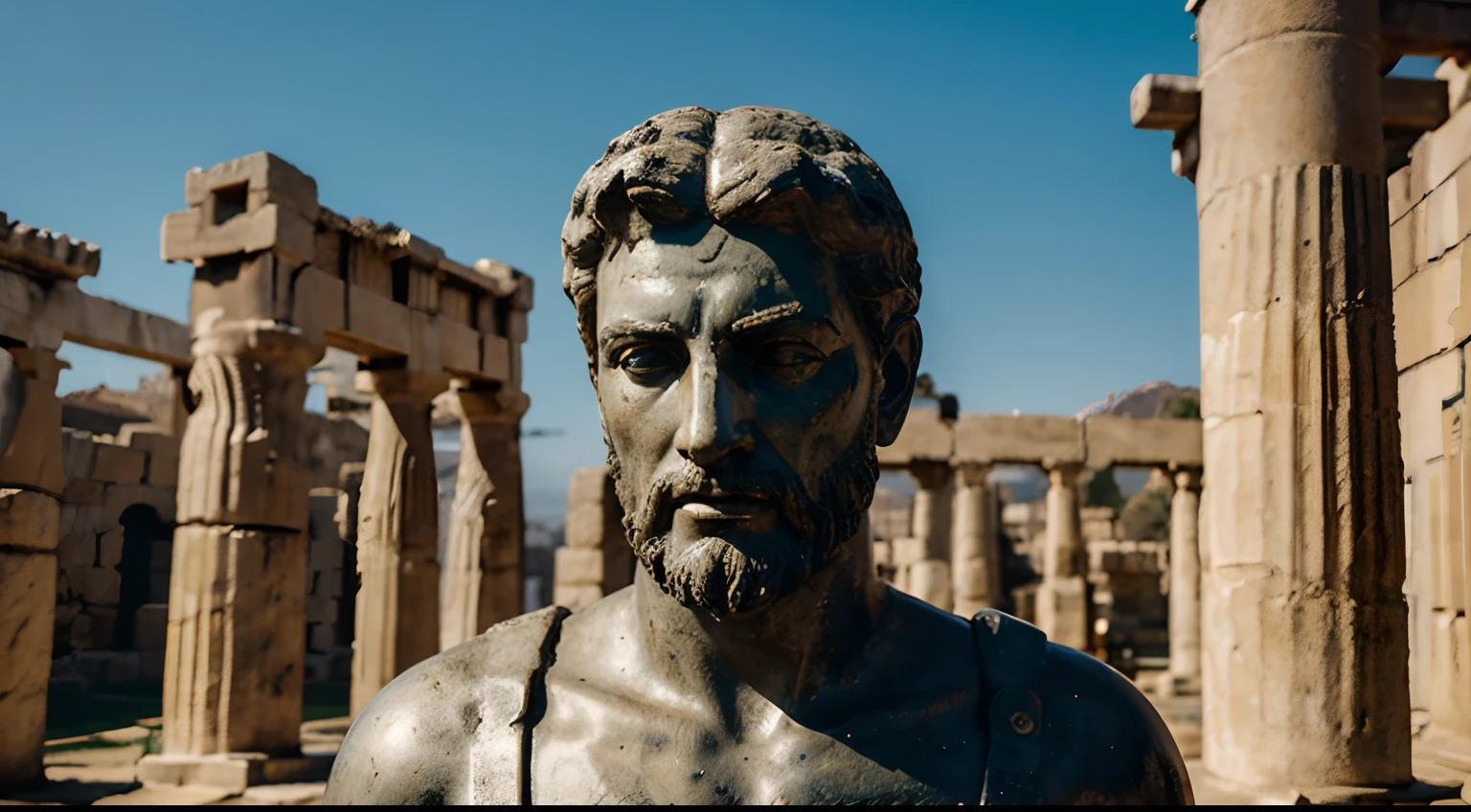Ancient Stoic Statue With Very Angry Expression, tem barba, muitos detalhes em ambos os olhos, Outside, fundo atenas grego, open sky, com rosto extremamente detalhado full body view, Colors with low saturation with dark tone, Filmado em Sony A7S III com Sony FE 35mm f/1.8, 12.1 MP, --AR 3:2 --estilo cru
