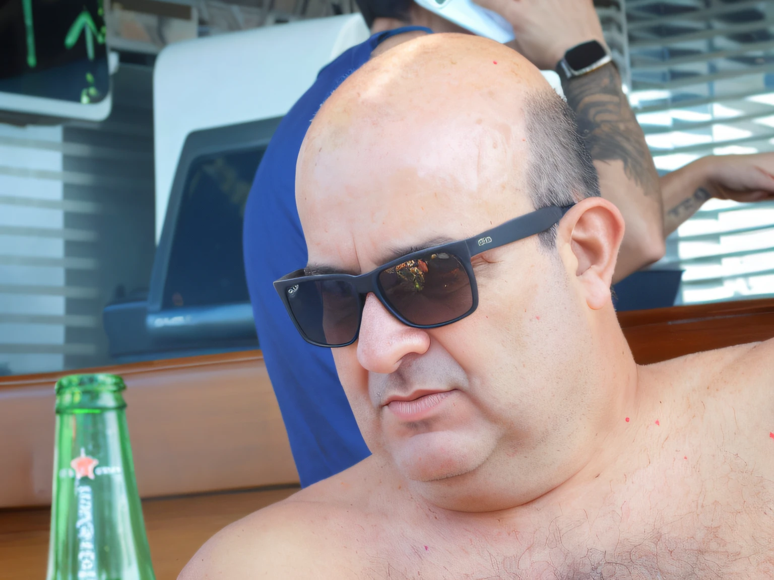 There's a man in sunglasses sitting at a table with a bottle of beer, Ivan Laliashvili, Vitaly Bulgarov, Homem de 4 0 anos, bald man, George Doutsiopoulos, photo from behind, riccardo federici, face severa, Boris Vallego, Toninho Matelli, olhar severo, Em uma festa na praia em Ibiza